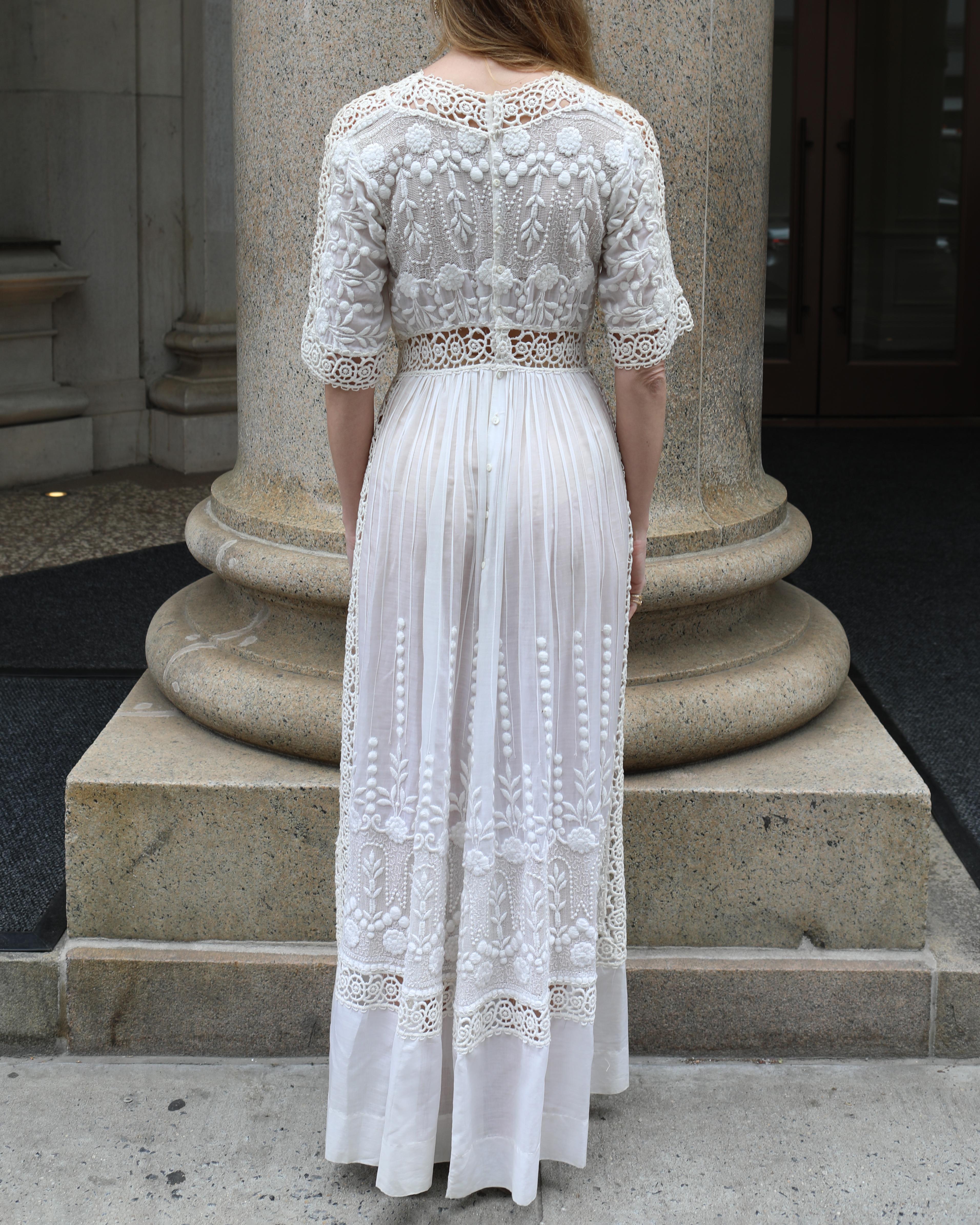 Antique Edwardian Embroidered Ivory Lace Dress For Sale 8