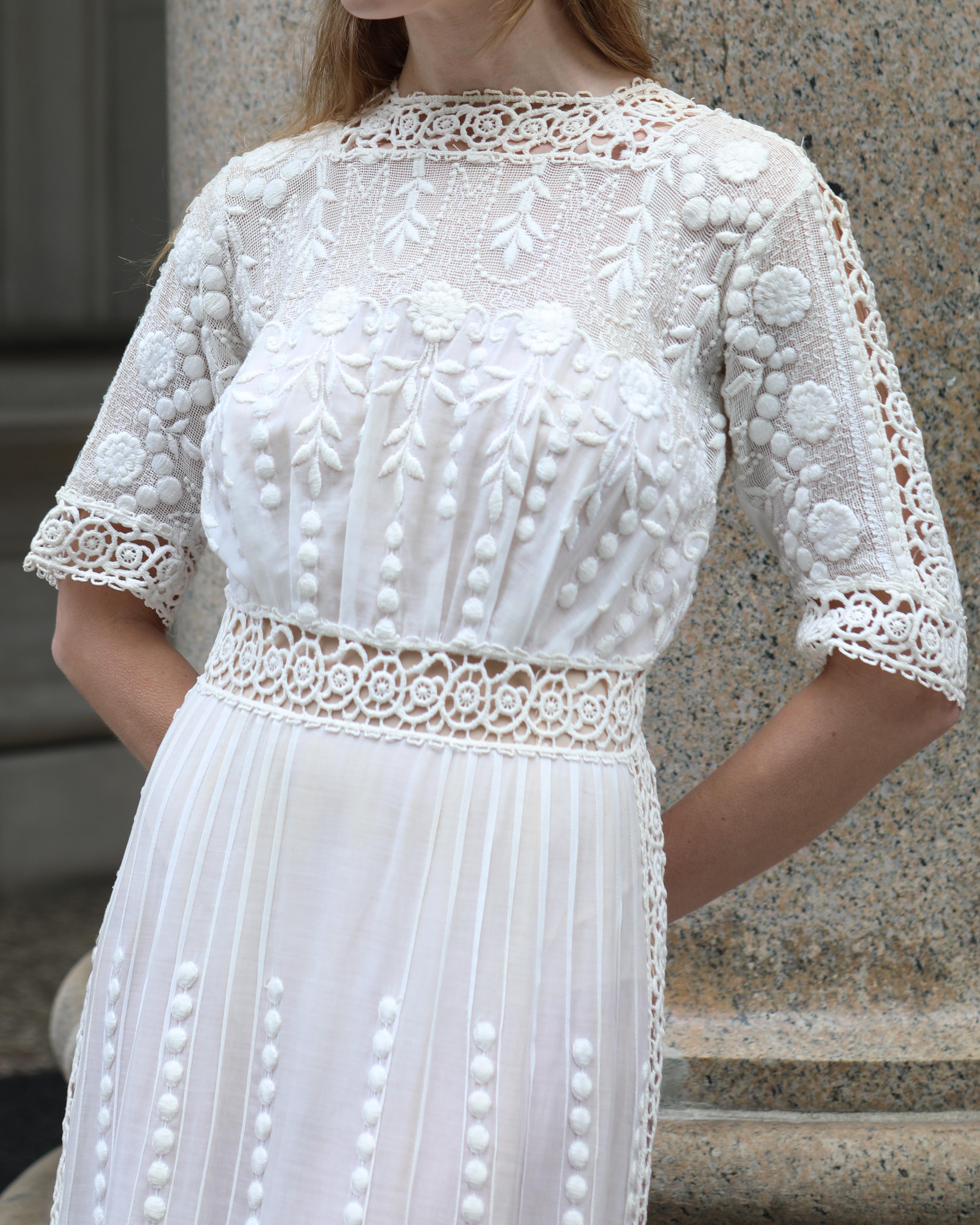 This incredible antique Edwardian dress was made in the early 19th century, and it is a stunning, museum-worthy (and museum quality) work of art. These Victorian/Edwardian era dresses are commonly mis-referred to as tea dresses or tea gowns, but