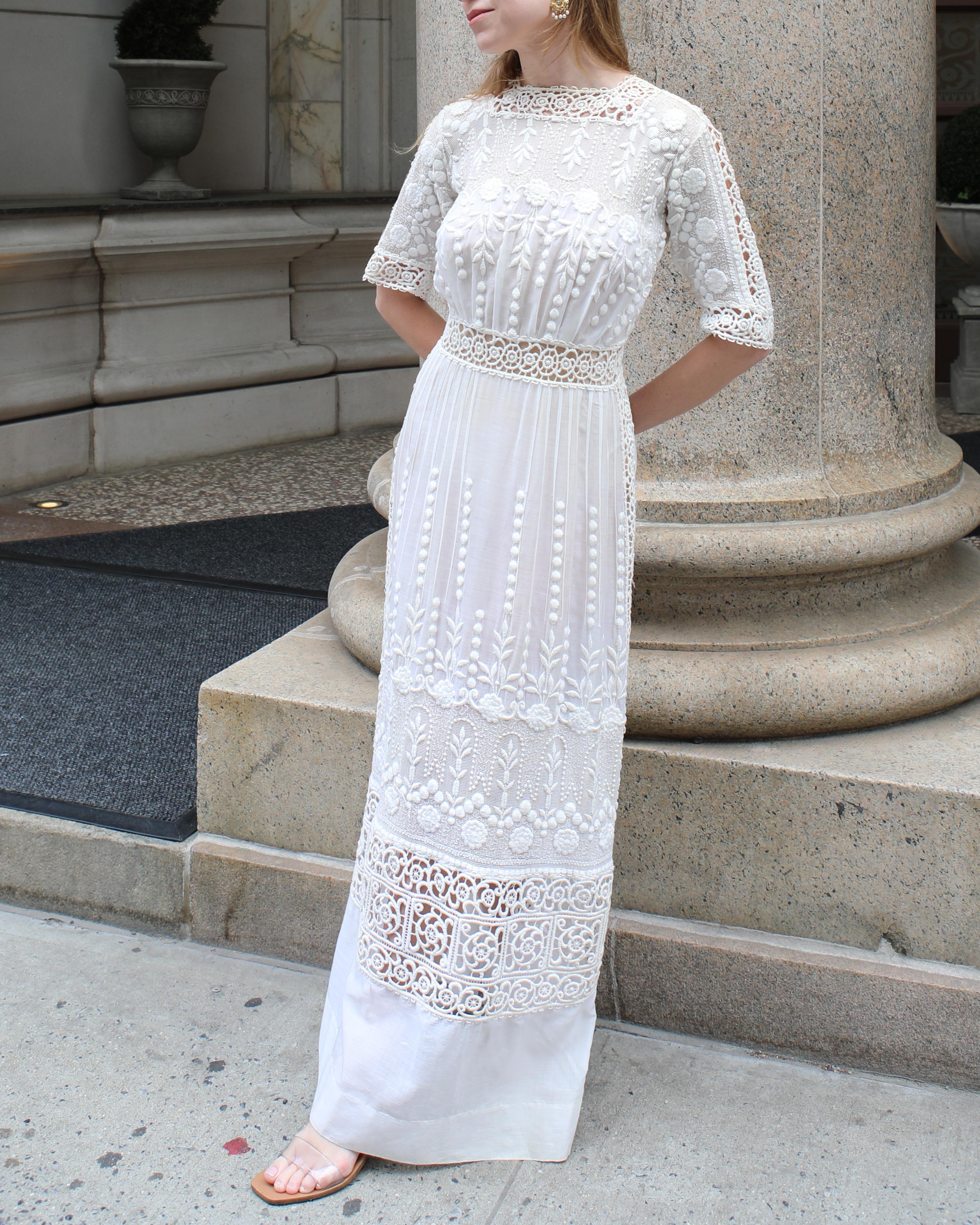 Gray Antique Edwardian Embroidered Ivory Lace Dress For Sale