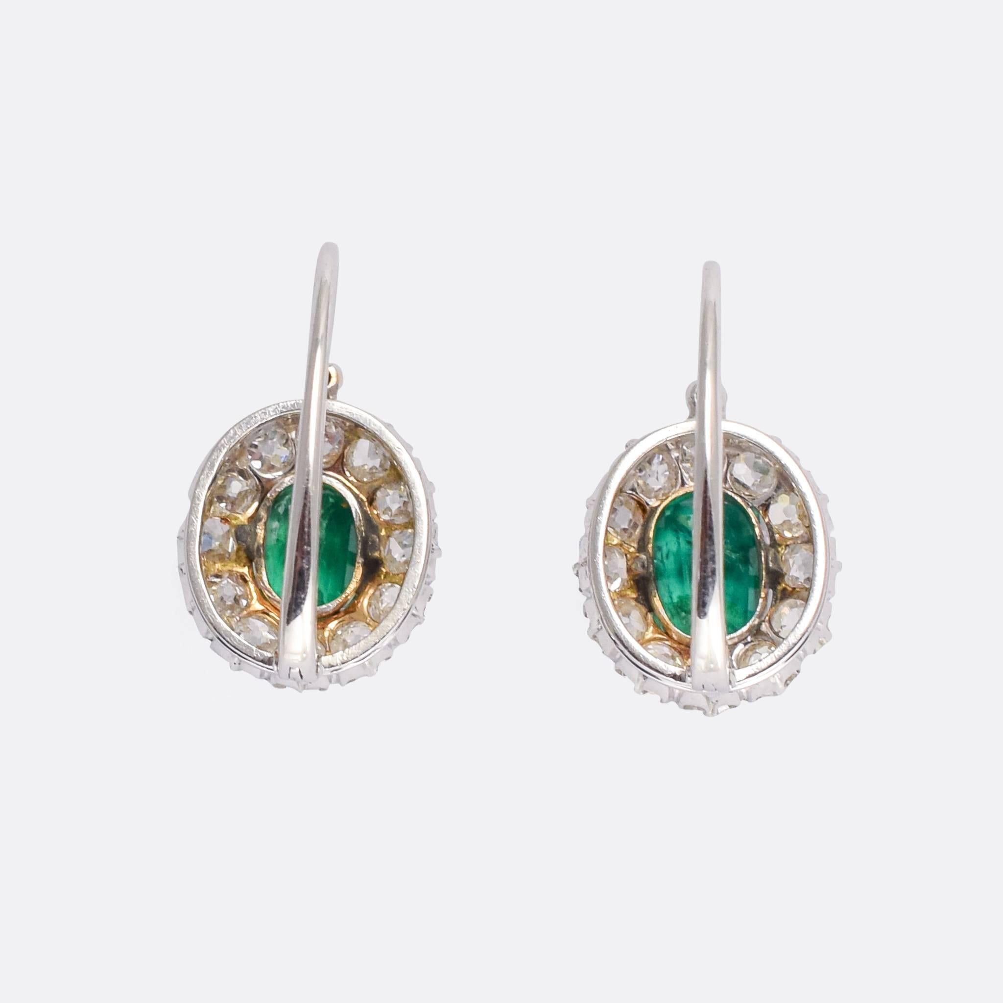 Emerald Cut Antique Edwardian Emerald Diamond Cluster Earrings