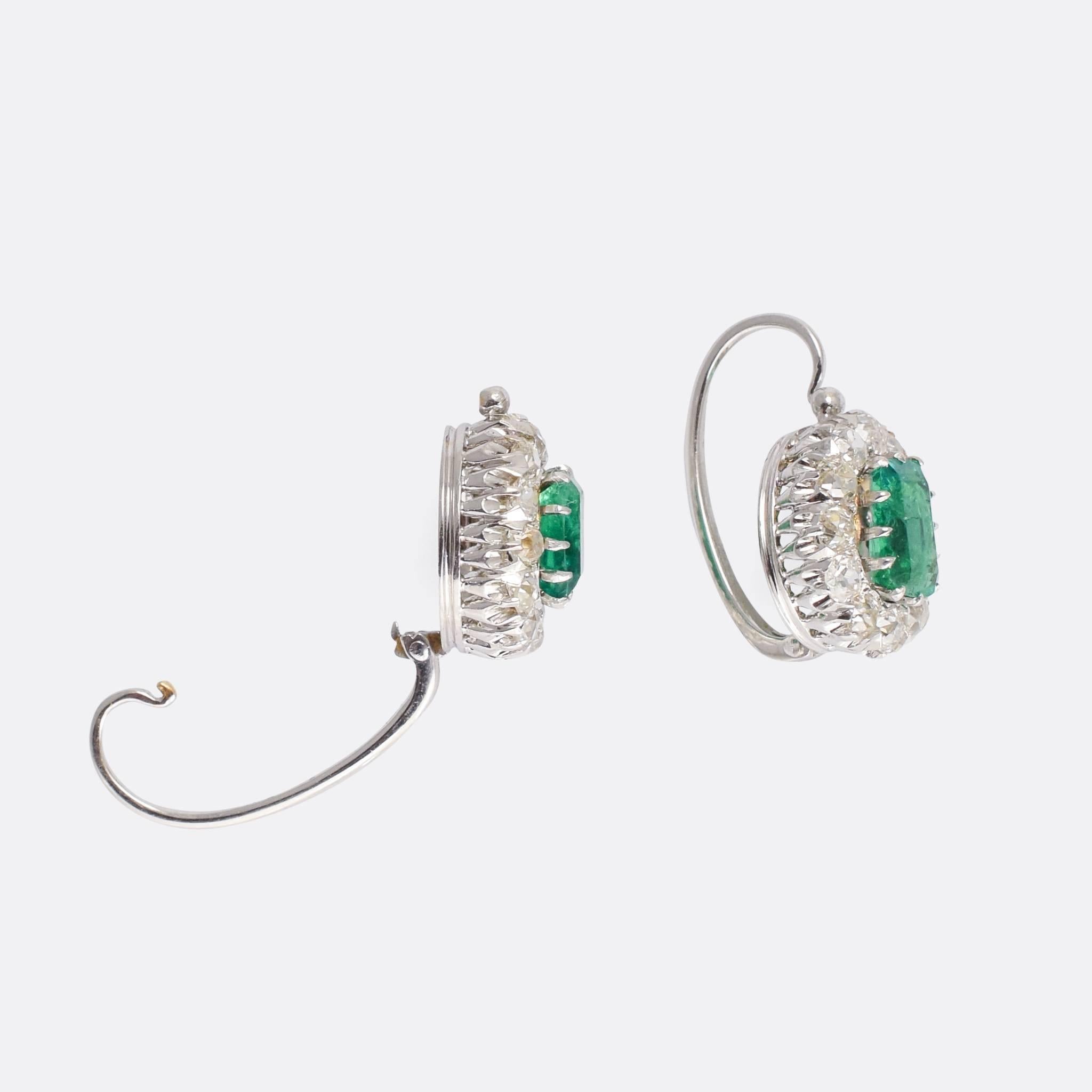 Antique Edwardian Emerald Diamond Cluster Earrings In Excellent Condition In Sale, Cheshire