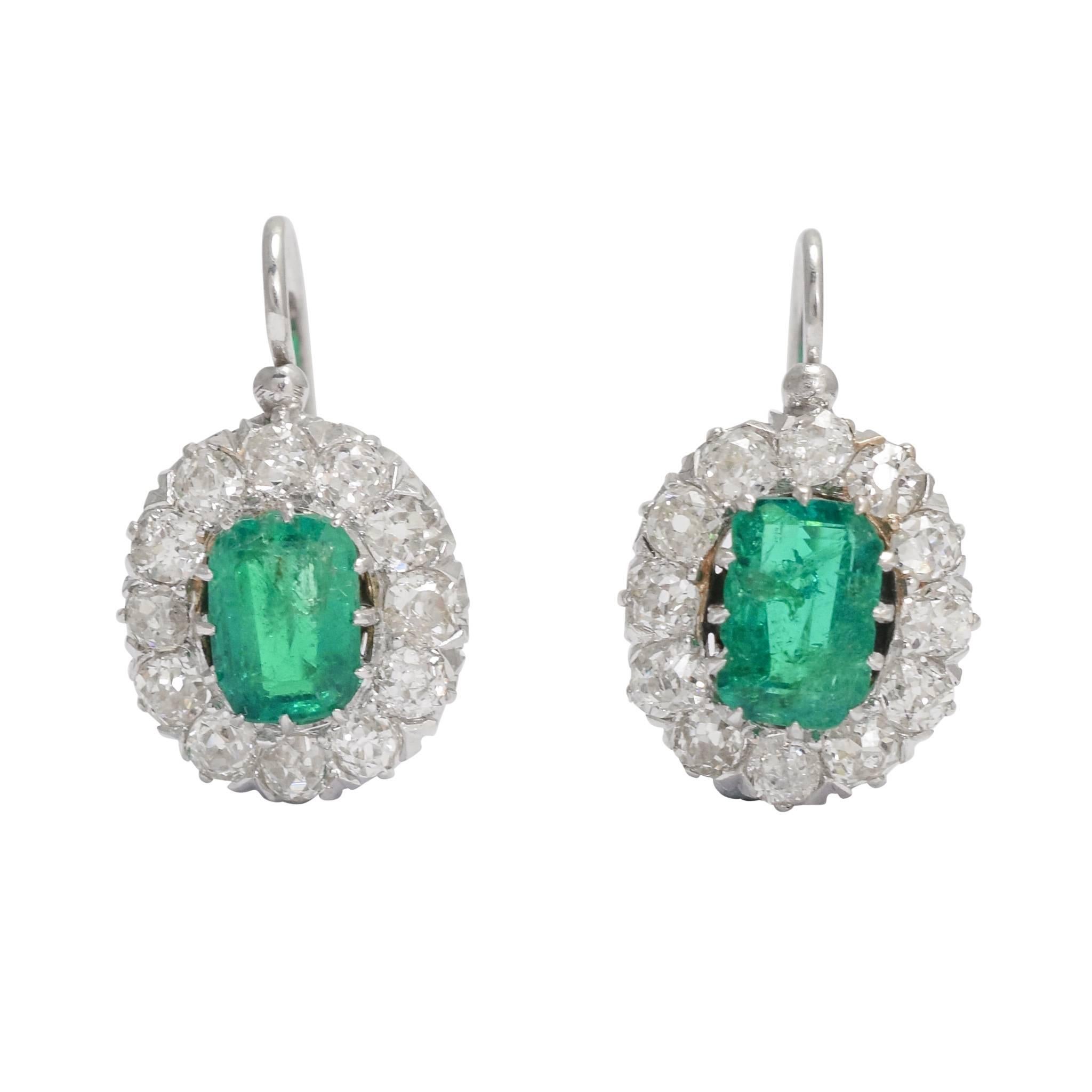 Antique Edwardian Emerald Diamond Cluster Earrings