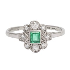 Antique Edwardian Emerald Diamond Platinum Cluster Ring