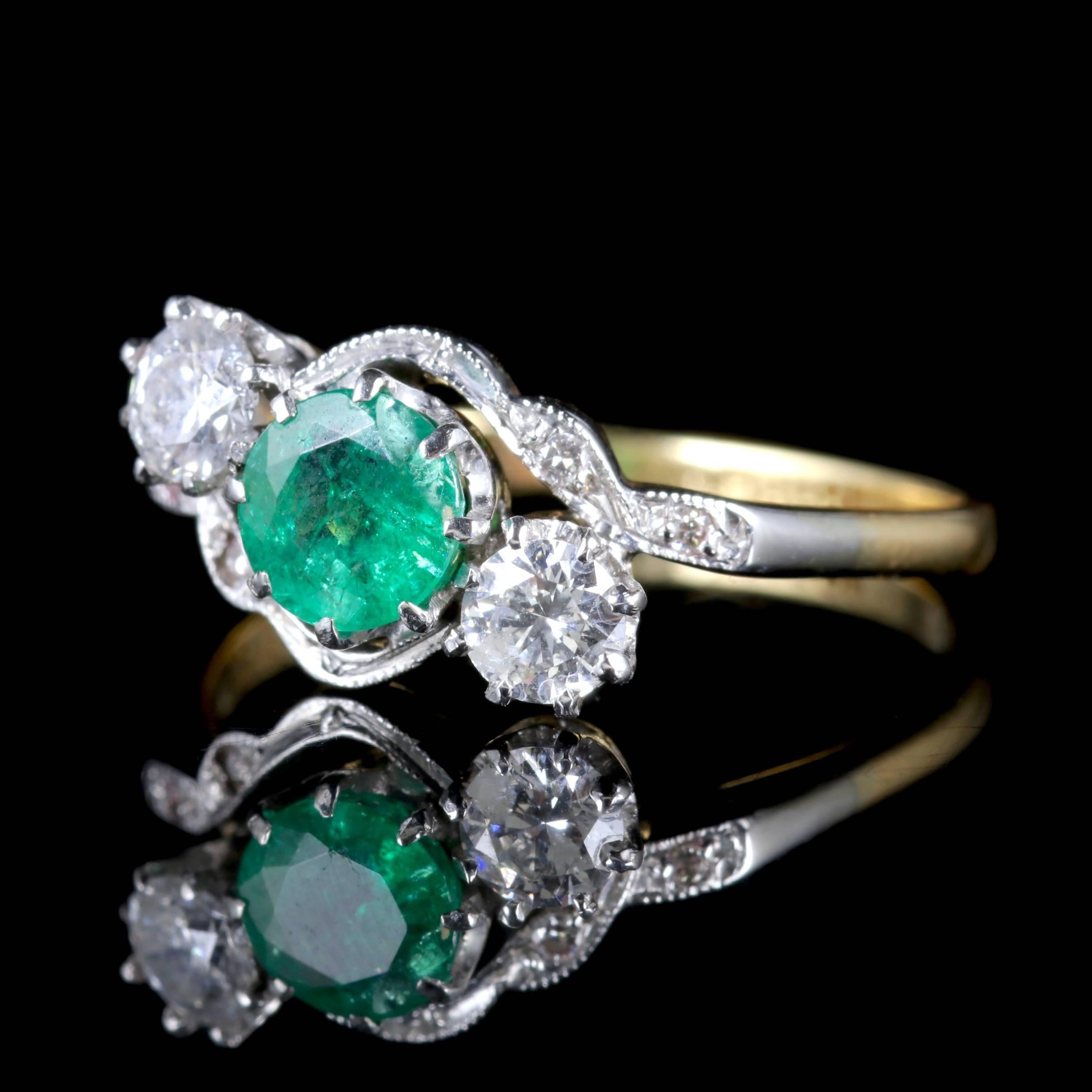 This fabulous Edwardian Emerald and Diamond twist ring is Circa 1915.

The Emerald is 0.75ct with two old cut Diamonds sat a either side.

The Emerald is the sacred stone of the goddess Venus, it was thought to preserve love. it has known to be the