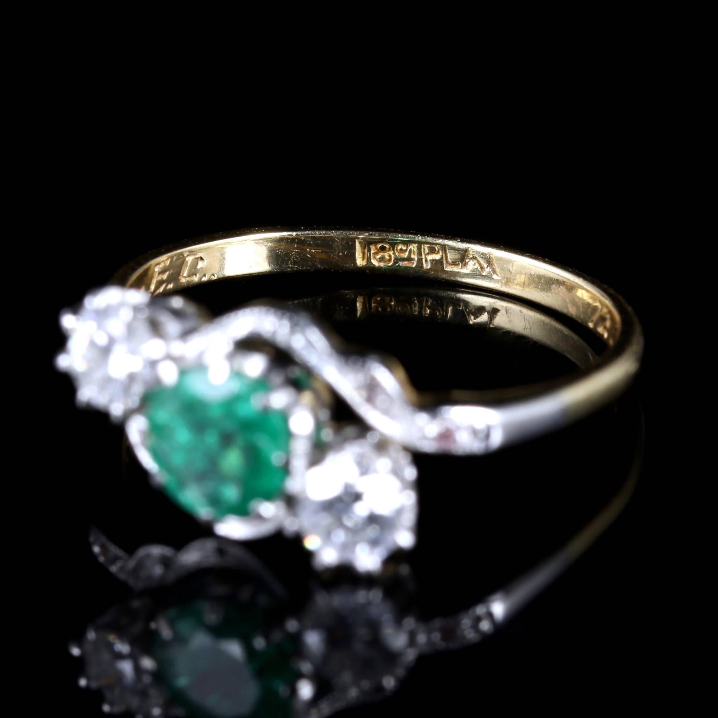 Women's Antique Edwardian Emerald Diamond Ring 18 Carat Plat Twist Ring, circa 1915