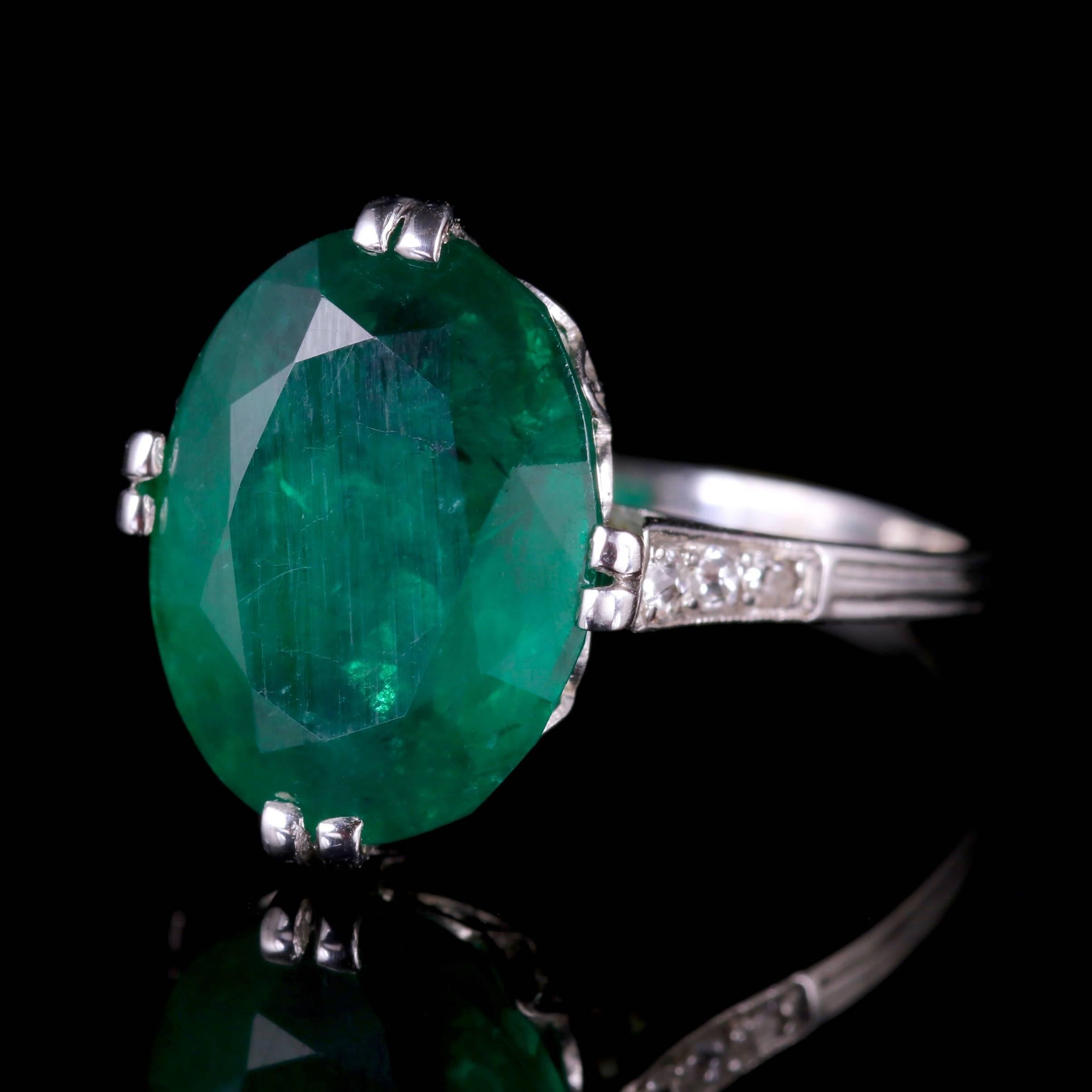 This magnificent antique Emerald and Diamond ring is Edwardian Circa 1910.

A fabulous natural green Emerald sits in the centre which is 6.13ct. Emeralds of this caliber are extremely sought after worldwide.

The Emerald is the sacred stone of the