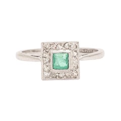Antique Edwardian Emerald Diamond Square Cluster Ring