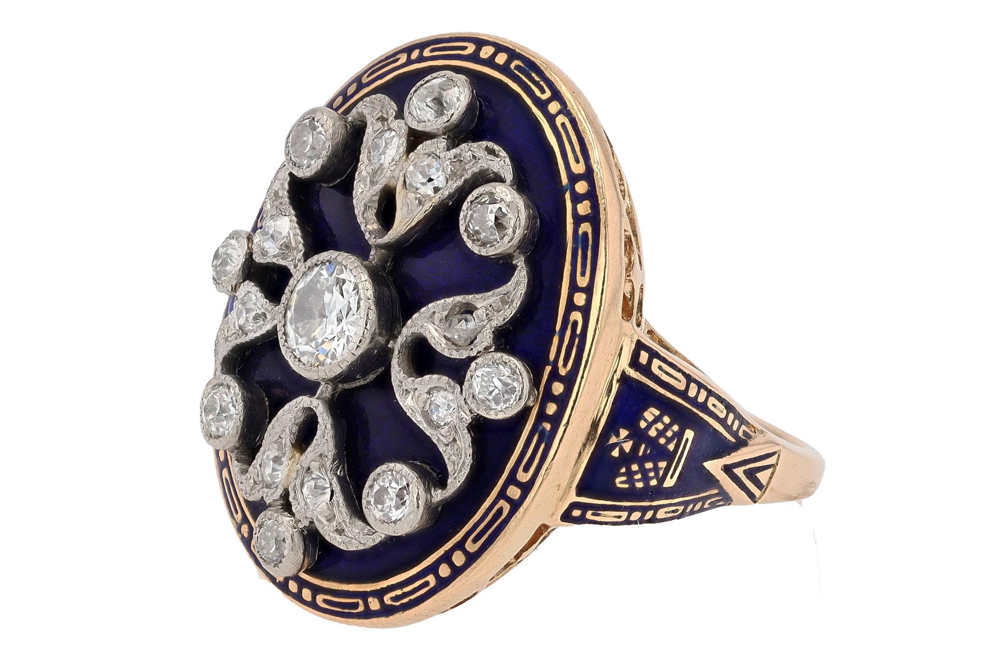 Early Victorian Antique Edwardian Enamel and Diamond Shield Cocktail Ring For Sale