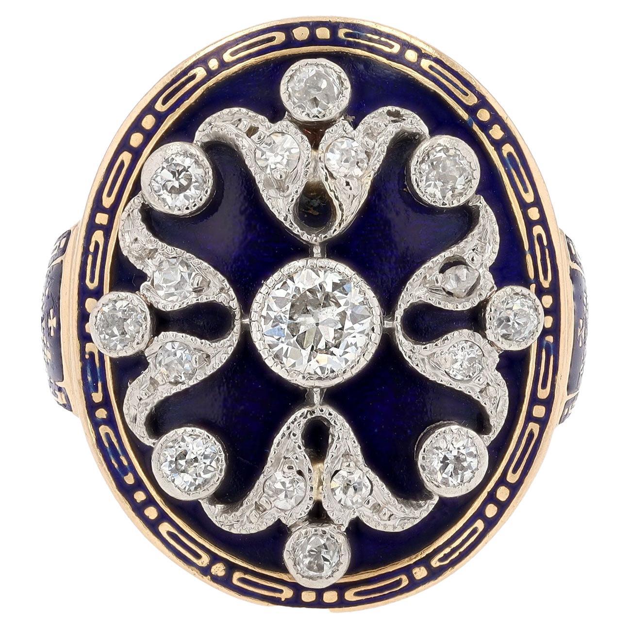 Antique Edwardian Enamel and Diamond Shield Cocktail Ring For Sale