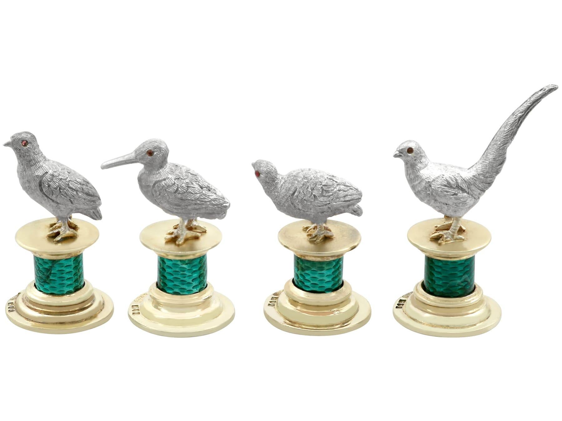 Antique Edwardian Enamel and Sterling Silver Bird Menu / Card Holders (1909) In Excellent Condition For Sale In Jesmond, Newcastle Upon Tyne
