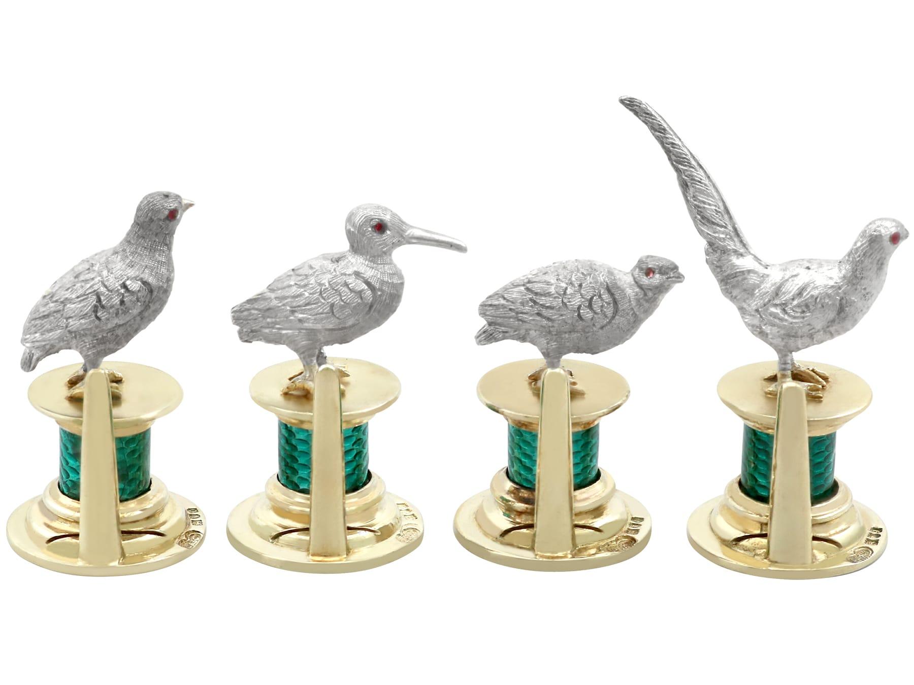 Early 20th Century Antique Edwardian Enamel and Sterling Silver Bird Menu / Card Holders (1909) For Sale