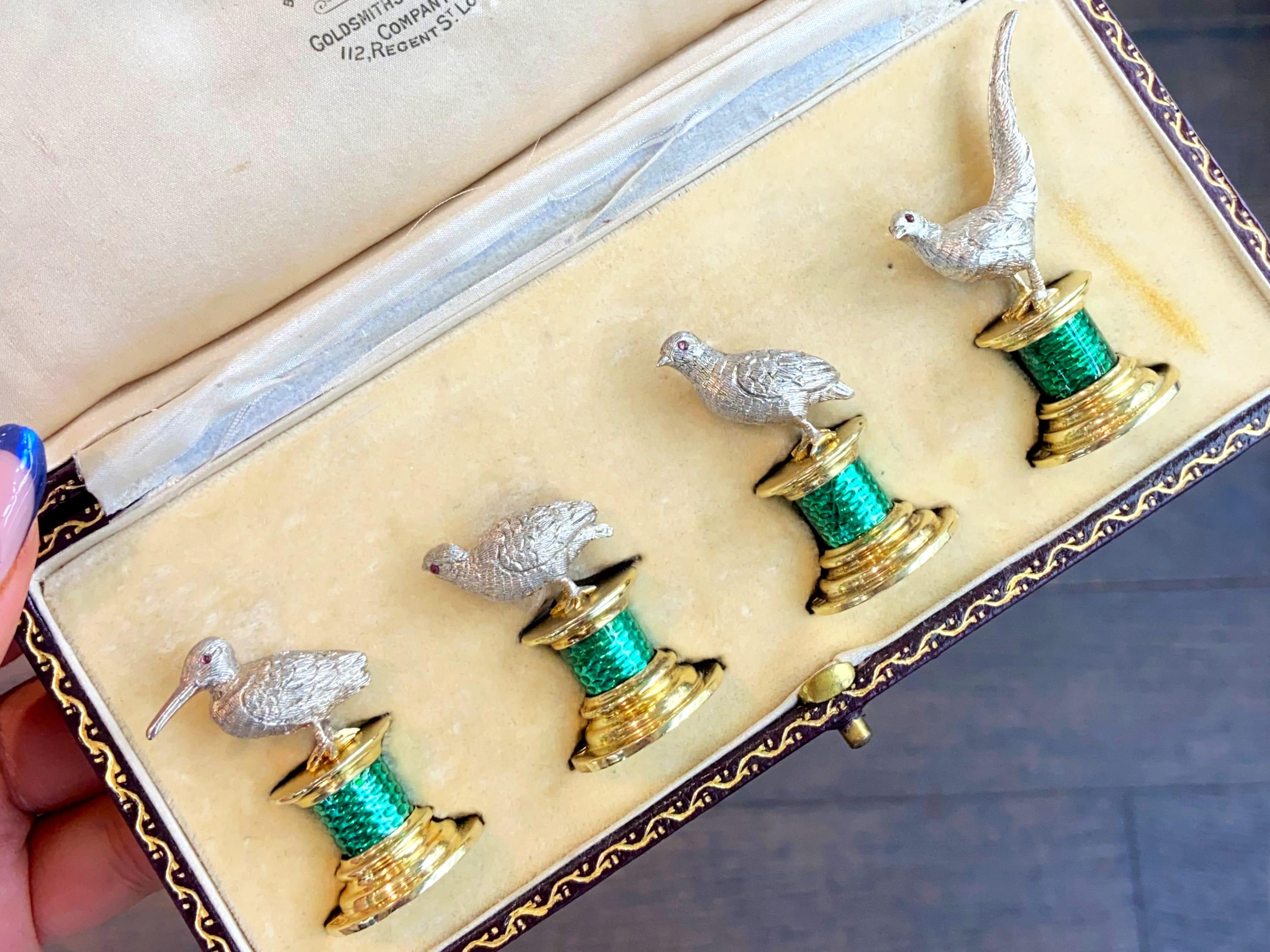 Antique Edwardian Enamel and Sterling Silver Bird Menu / Card Holders (1909) In Excellent Condition For Sale In Jesmond, Newcastle Upon Tyne