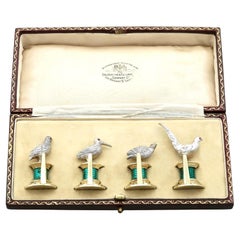 Antique Edwardian Enamel and Sterling Silver Bird Menu / Card Holders (1909)