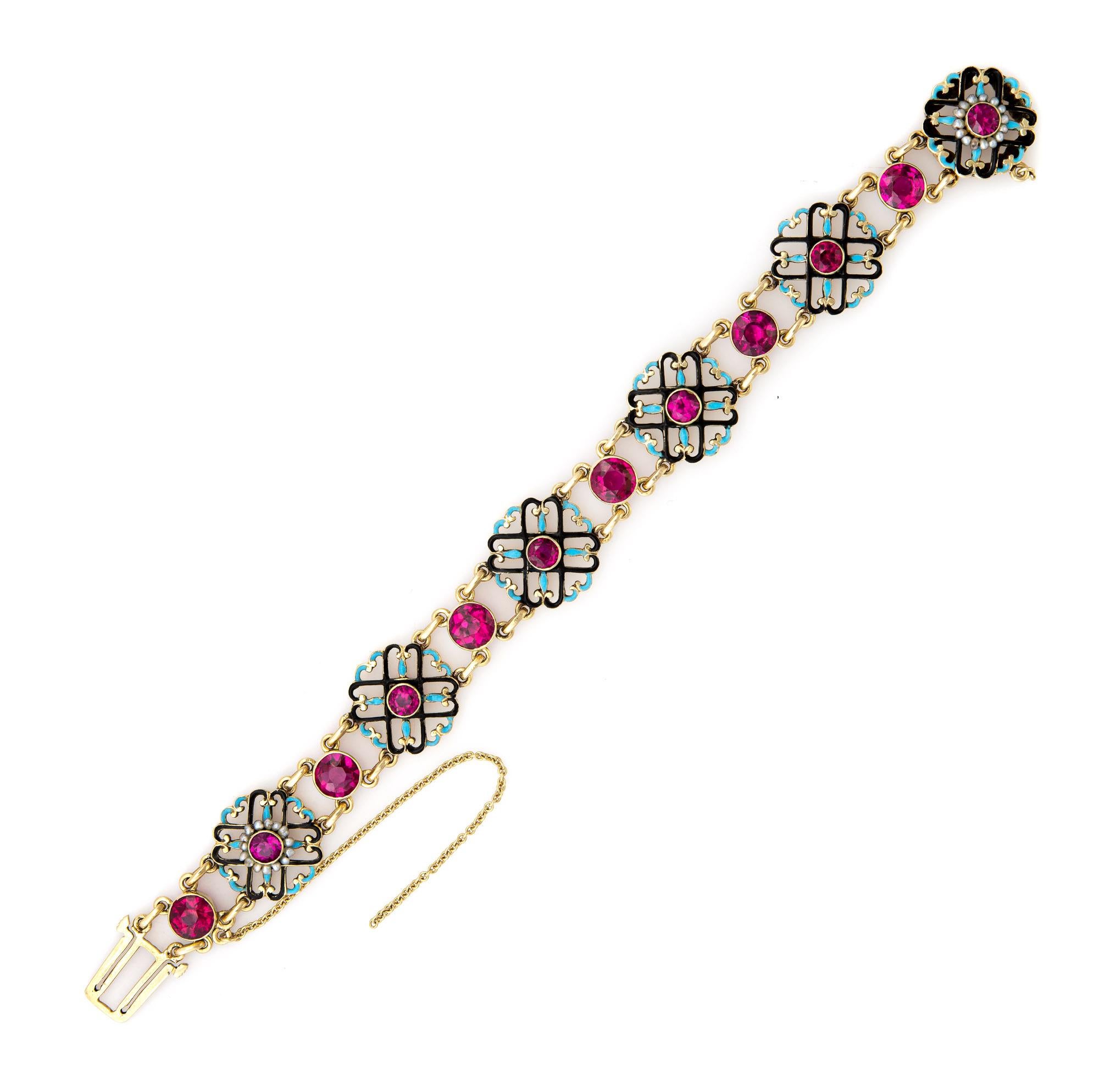 Antique Edwardian Enamel Bracelet Vintage 14k Yellow Gold Seed Pearls In Good Condition In Torrance, CA