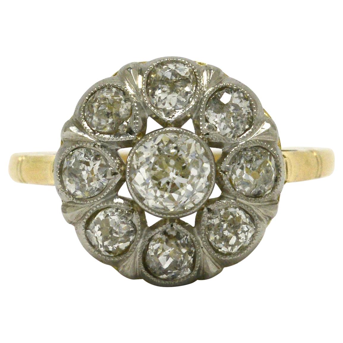 Antique Edwardian Engagement Ring Cluster Old Mine Cut Diamonds 1.30 Ctw 2 Tone For Sale at