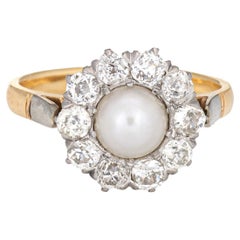 Antique Edwardian Engagement Ring Pearl Diamond Cluster 18k Gold Platinum