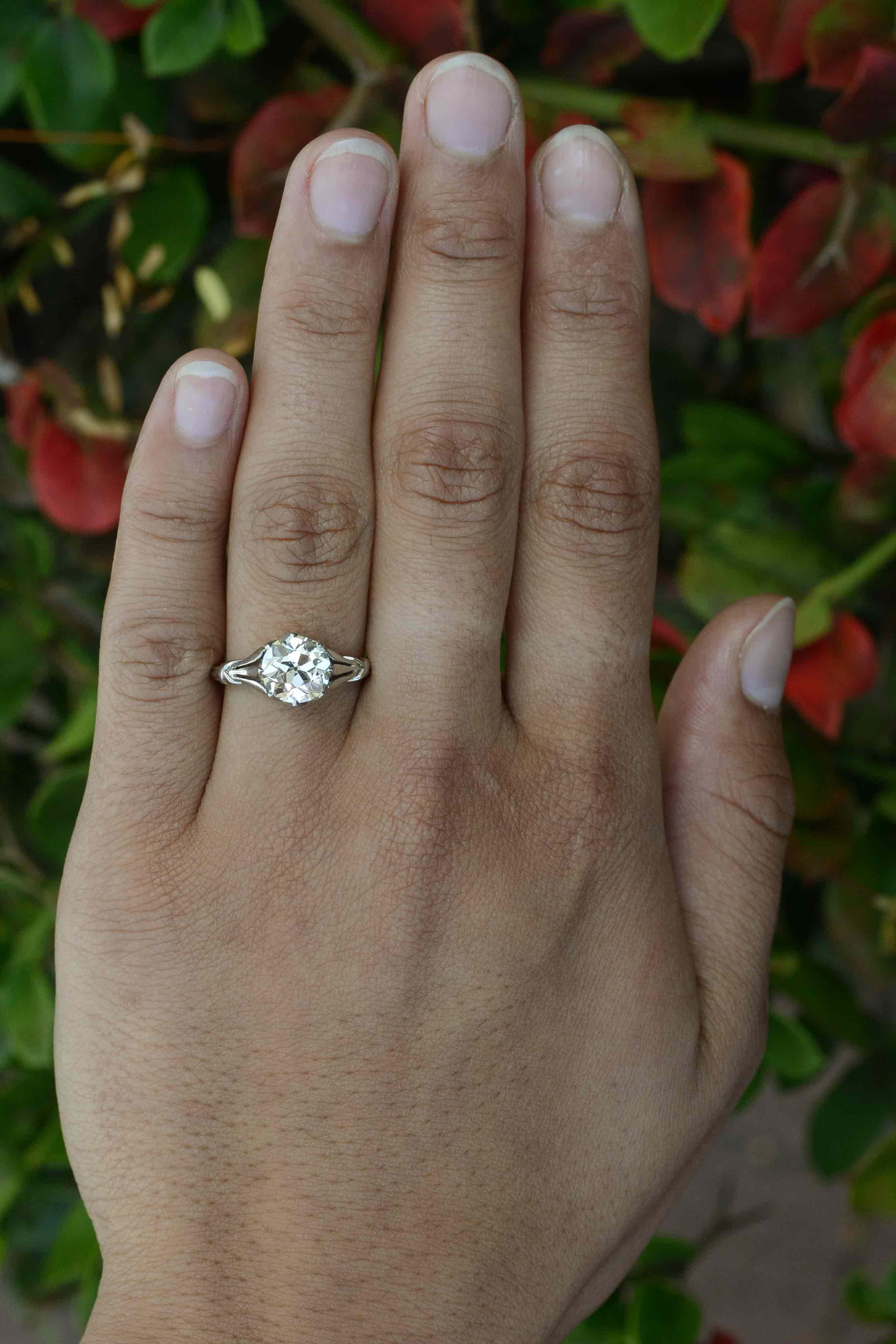 I like big rocks & cannot lie! Centered by a stunning, chunky old European cut diamond of 2.29 carat. this antique Edwardian engagement ring is a classic, vintage solitaire. The sparkle of these old world 