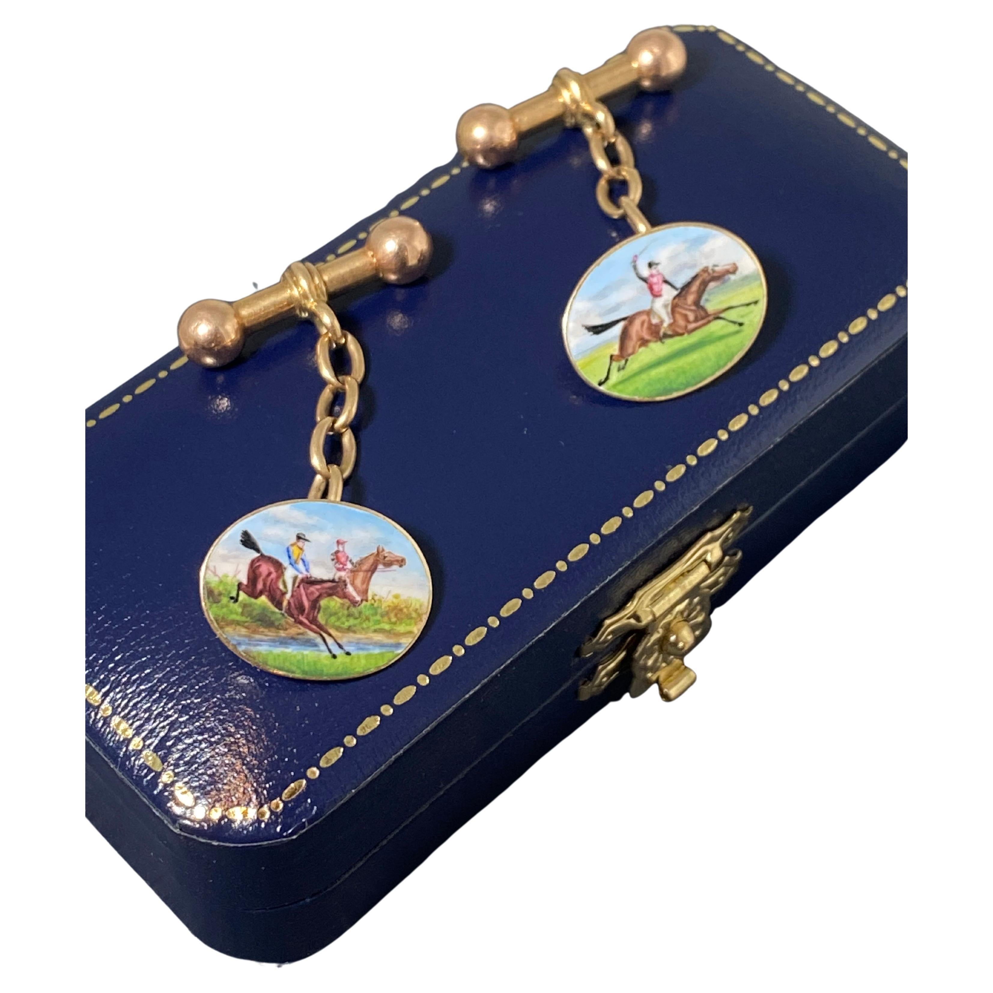 Boutons de manchette anciens en or rose 15 carats de l'époque édouardienne, faits à la main, représentant des scènes de courses de chevaux