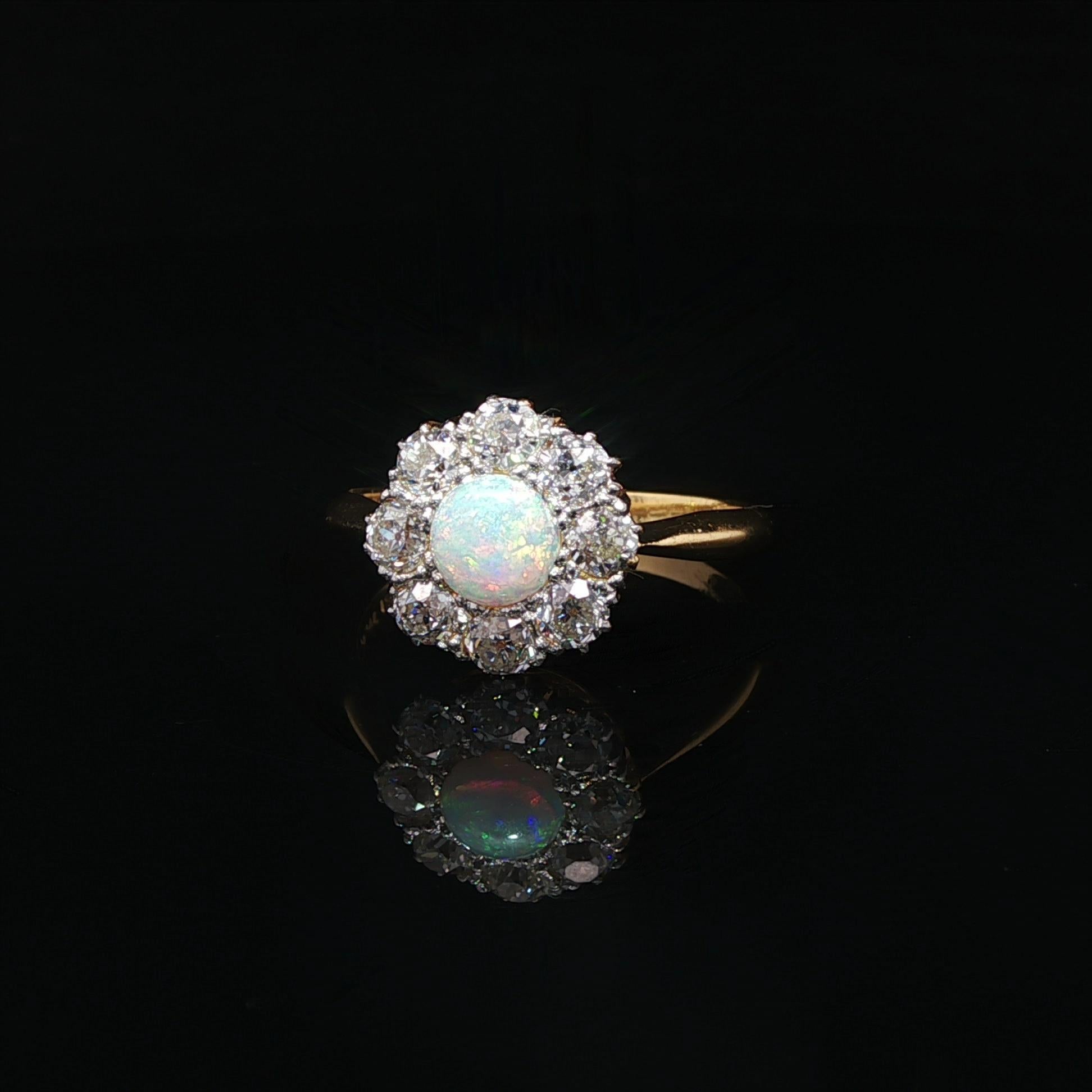 Antico anello inglese edoardiano in oro 18k e platino con opale antico e diamanti a grappolo in vendita 5