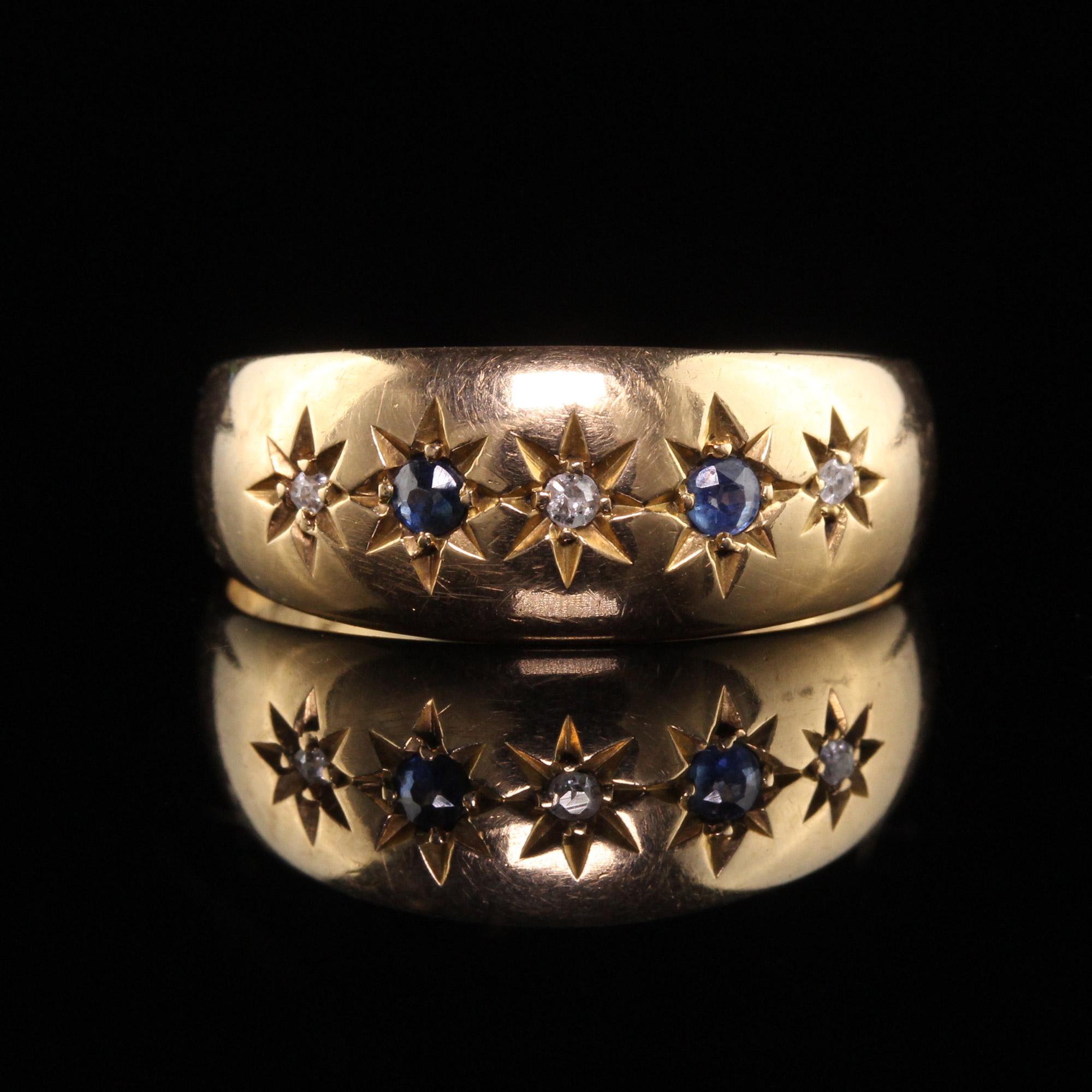 Antiker edwardianischer englischer Ring aus 18 Karat Gelbgold mit Diamanten und Saphiren im alten Minenschliff im Zustand „Gut“ in Great Neck, NY