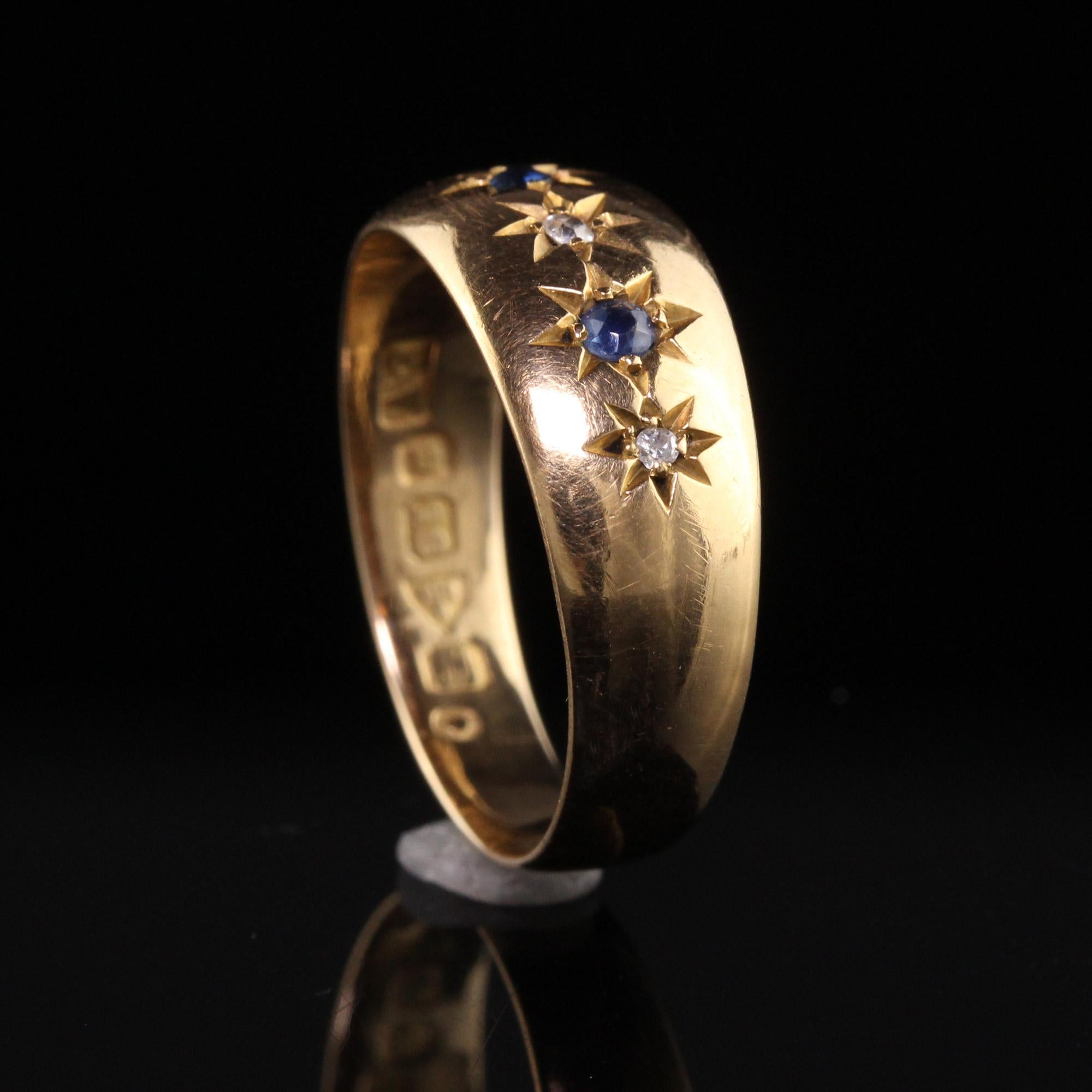 Antiker edwardianischer englischer Ring aus 18 Karat Gelbgold mit Diamanten und Saphiren im alten Minenschliff 1