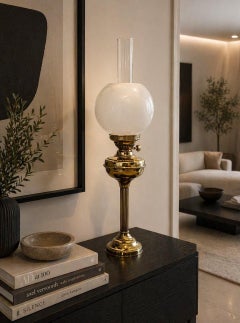 Antique Edwardian English Brass Oil Lamp With Opaline Shade
