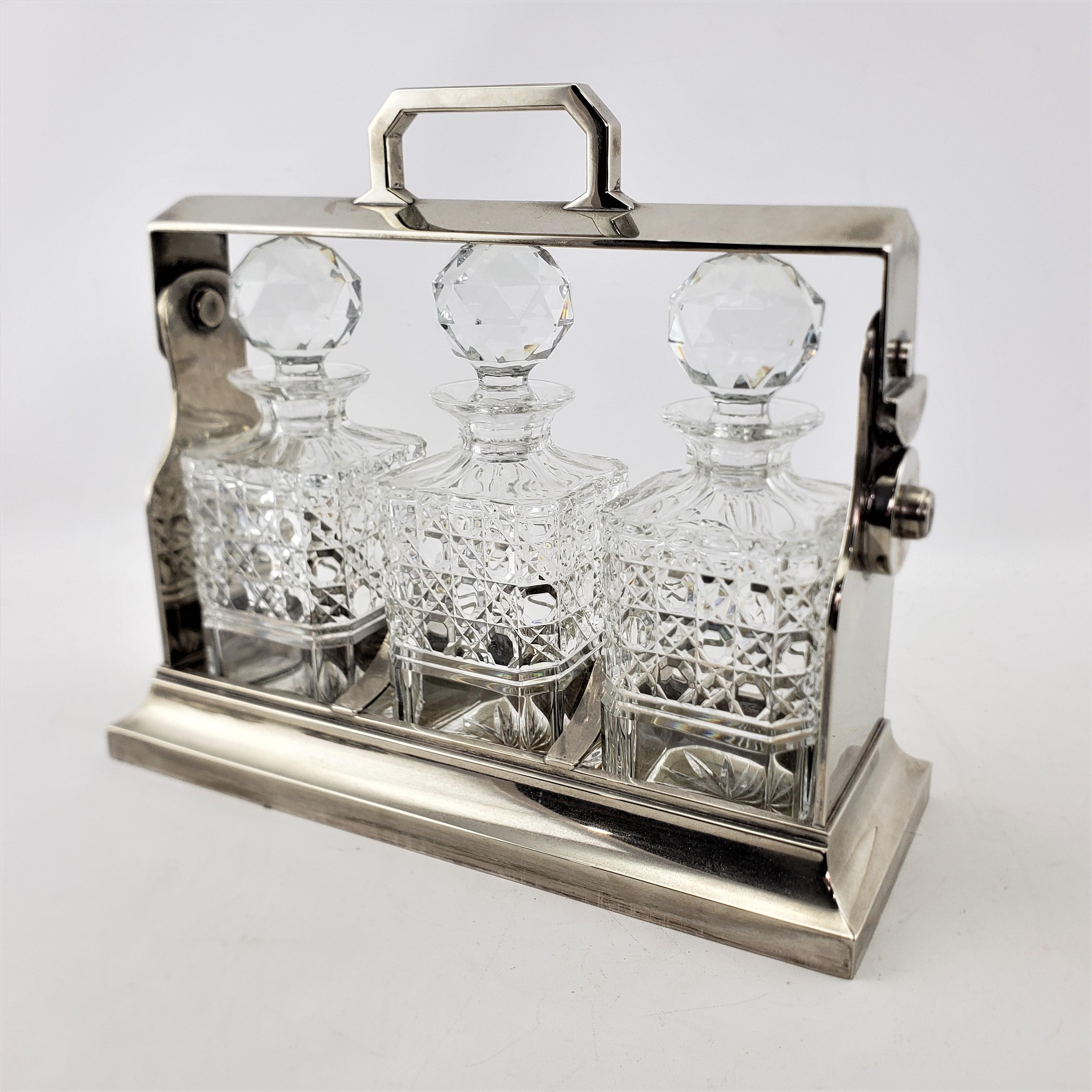 Hand-Crafted Antique Edwardian English Silver Plated & Cut Crystal 3 Bottle Tantalus and Key