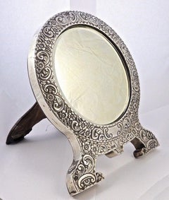 Antique Edwardian English Sterling Silver Bevelled Edge Table Mirror, 1903