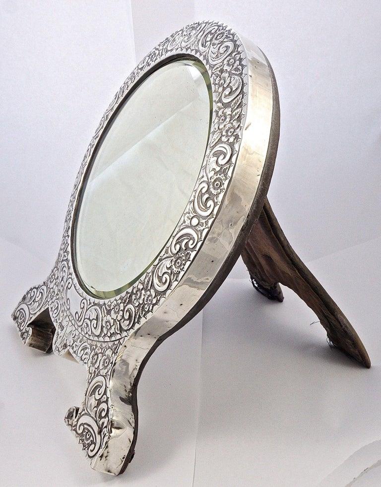 Antique Edwardian English Sterling Silver Bevelled Edge Table Mirror, 1903 In Fair Condition For Sale In London, GB