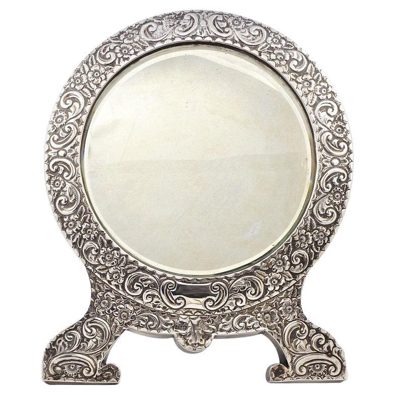 Ancien miroir de table édouardien en argent sterling à bord biseauté 1903