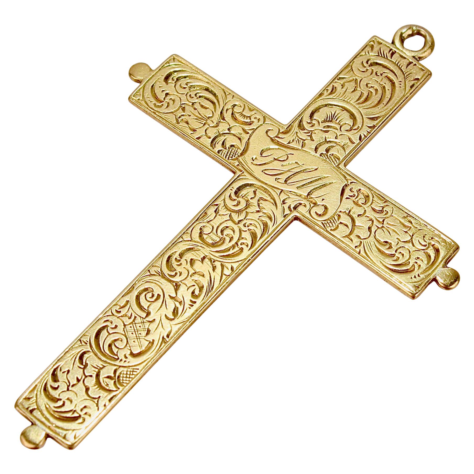 Antique Edwardian Engraved 14 Karat Gold Crucifix or Cross Pendant For Sale