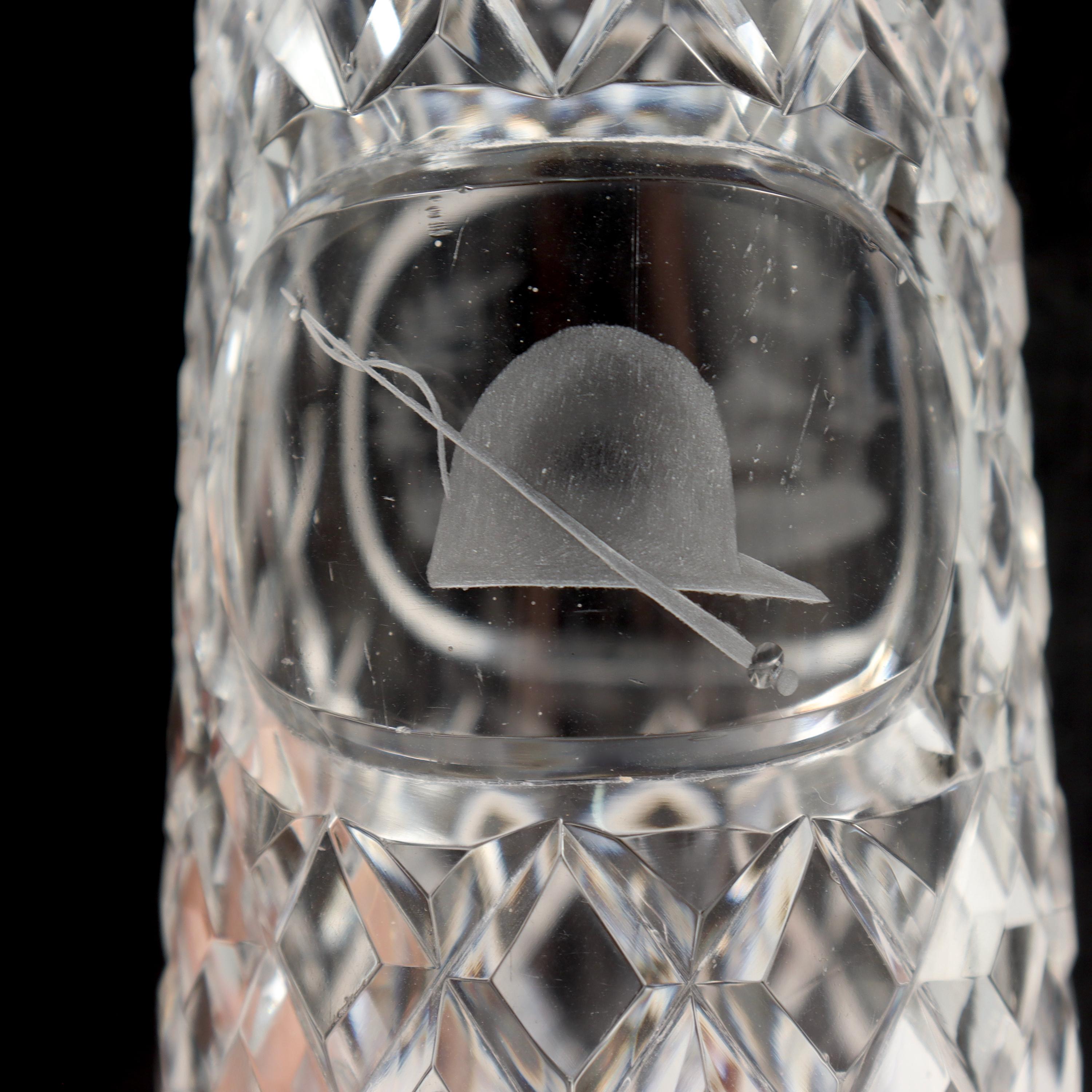 Antique Edwardian Equestrian Fox Hunt Cut Glass & Silver Liquor Flask In Good Condition For Sale In Philadelphia, PA