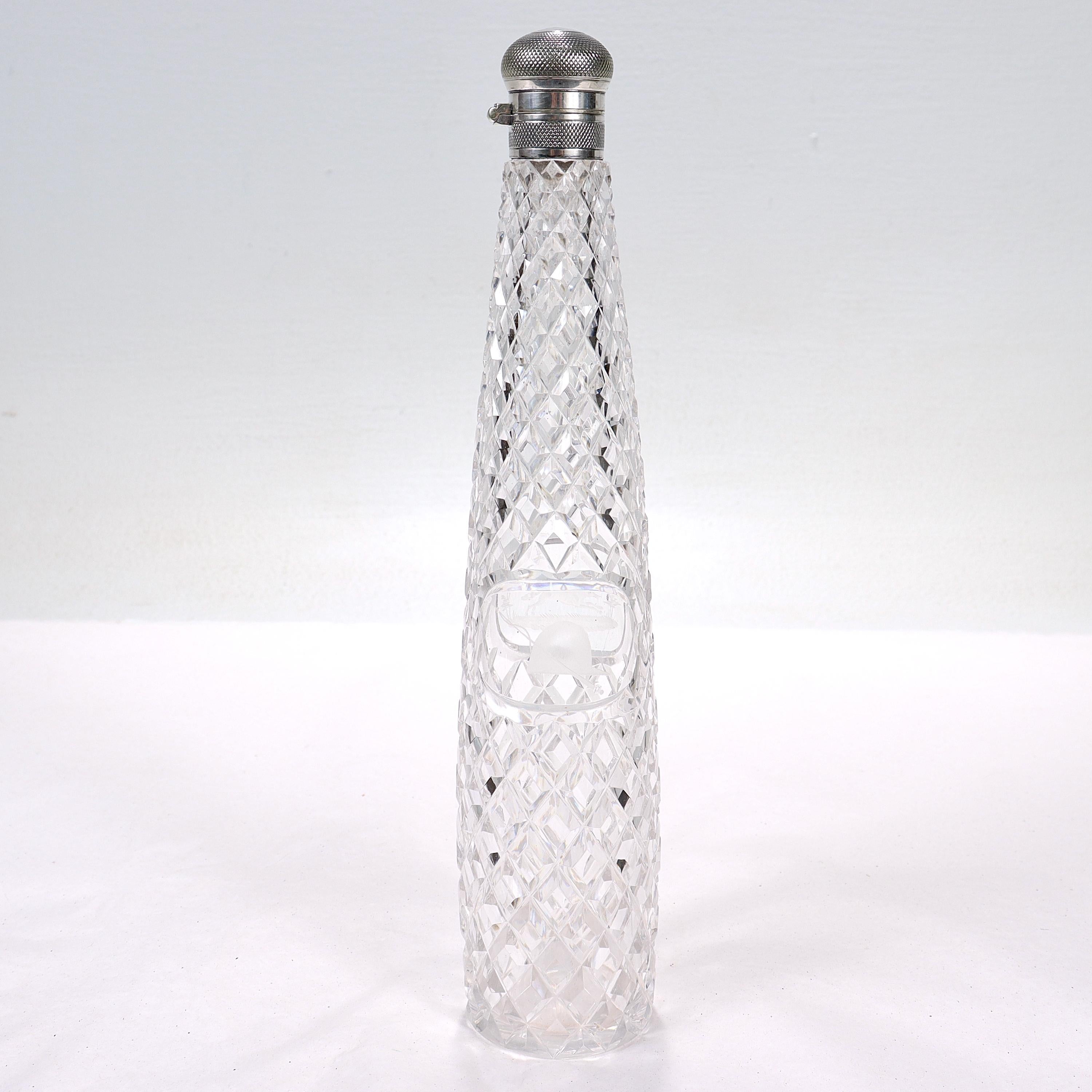 Women's or Men's Antique Edwardian Equestrian Fox Hunt Cut Glass & Silver Liquor Flask For Sale