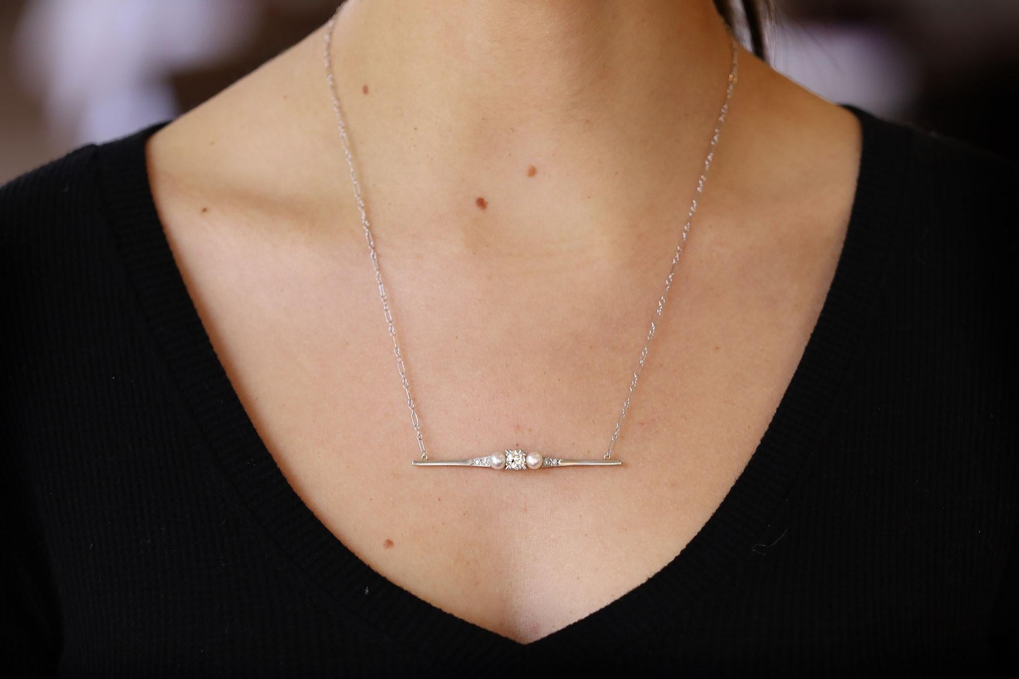 Antique Edwardian Era 0.65 Carat Old European Cut Diamond Pearl Bar Necklace In Good Condition For Sale In Santa Barbara, CA