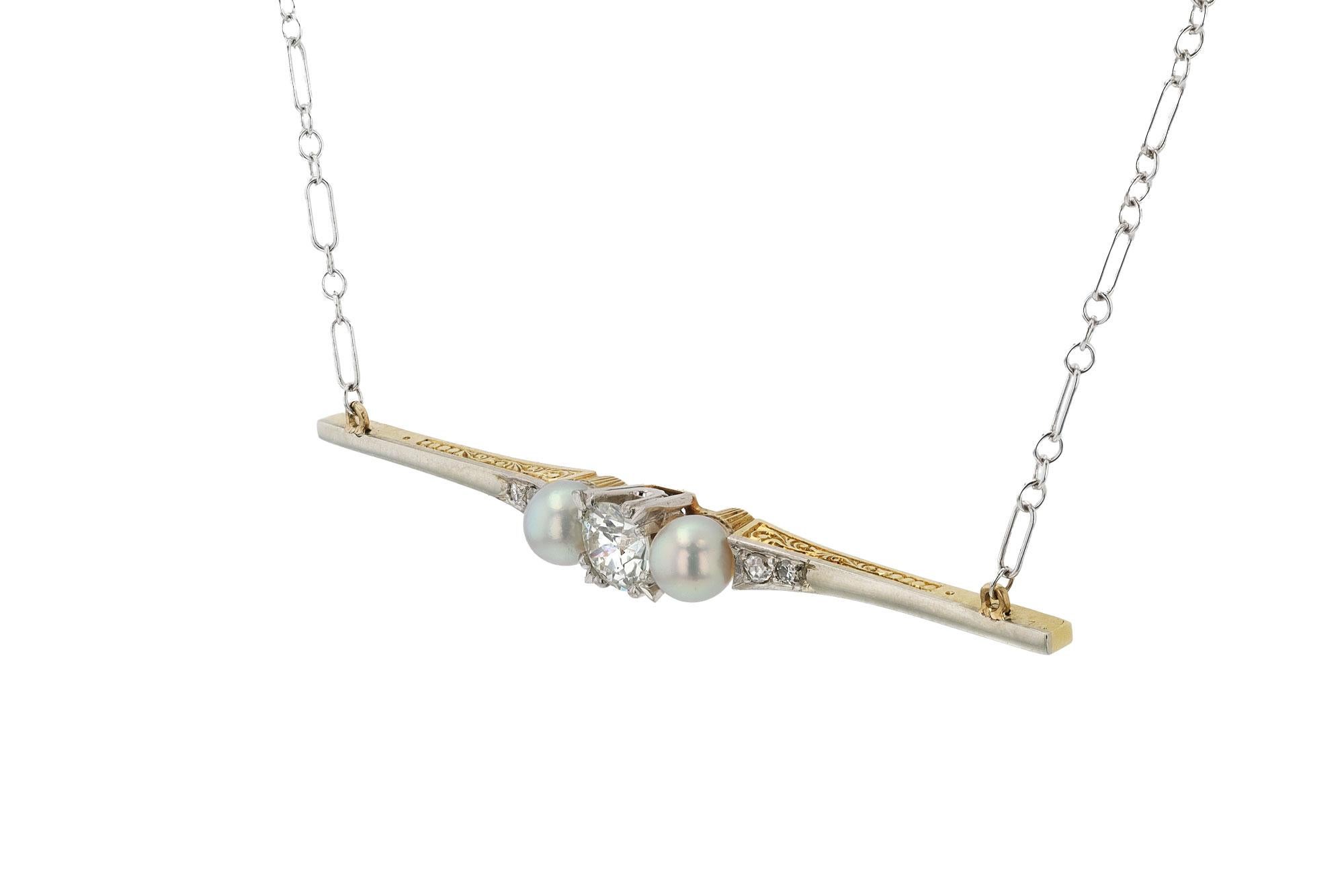 Women's or Men's Antique Edwardian Era 0.65 Carat Old European Cut Diamond Pearl Bar Necklace For Sale