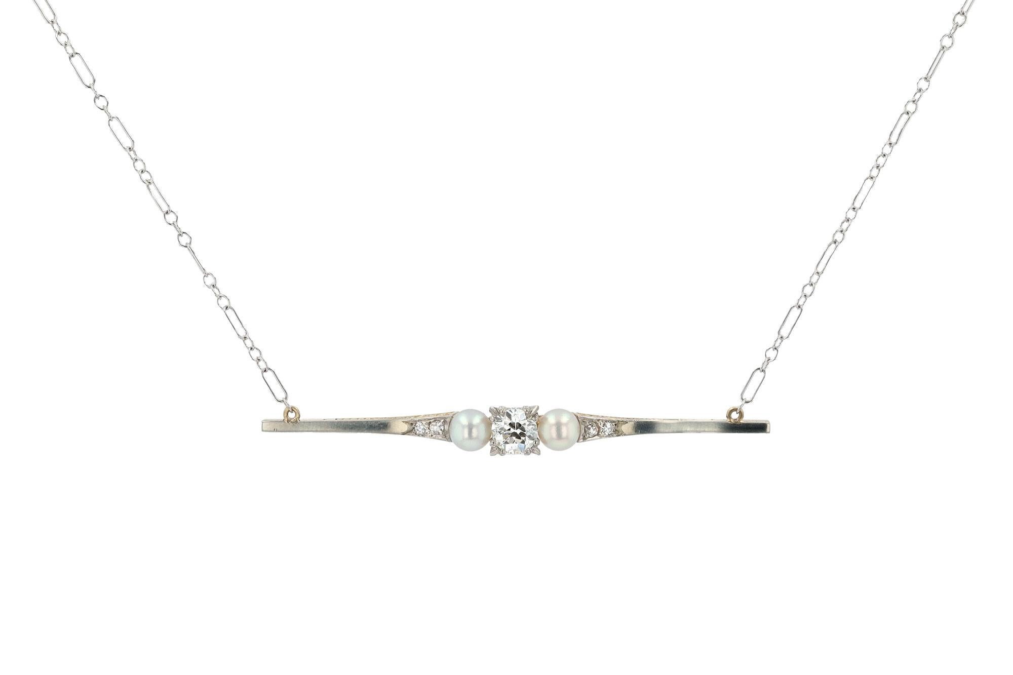 Antique Edwardian Era 0.65 Carat Old European Cut Diamond Pearl Bar Necklace For Sale