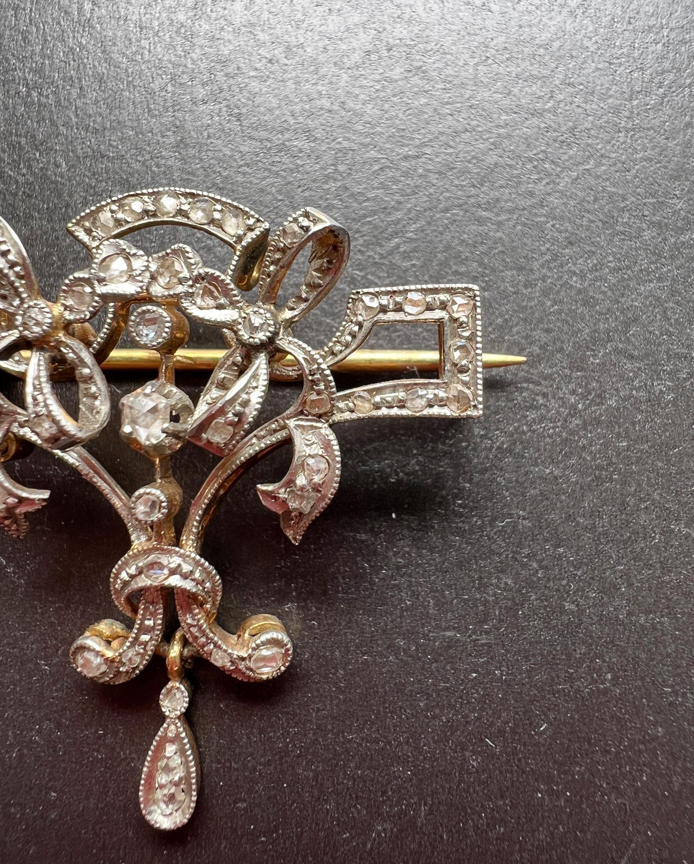 Women's Antique Edwardian Era 18k Gold Platinum Diamond Ribbon Bows Brooch Pendant For Sale