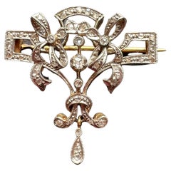 Antique Edwardian Era 18k Gold Platinum Diamond Ribbon Bows Brooch Pendant