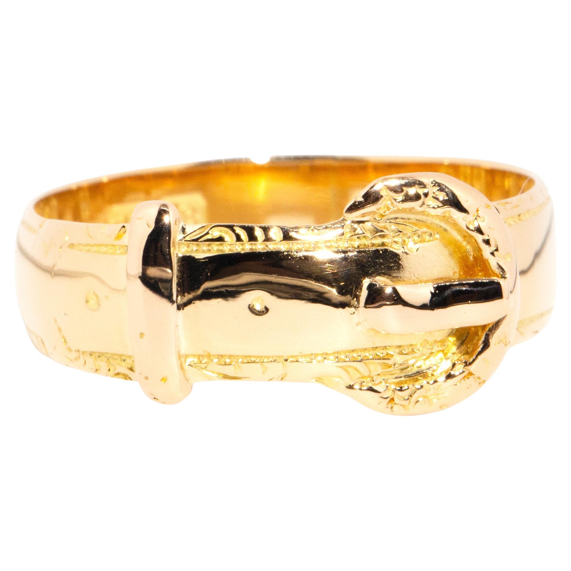Antique Edwardian Era Engraved Belt and Buckle Band Ring in 18 Carat Yellow Gold