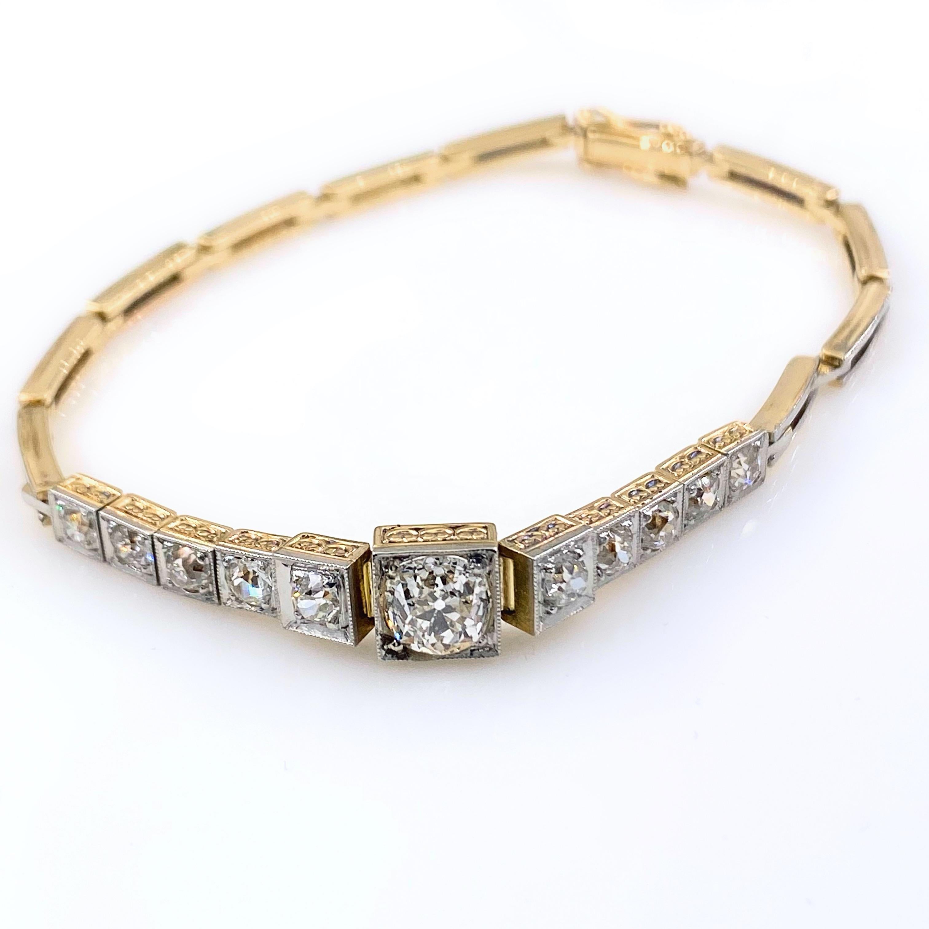 Women's Edwardian Era Old Mine Diamond Bracelet 14 Karat Yellow White Gold 2.35 Carat