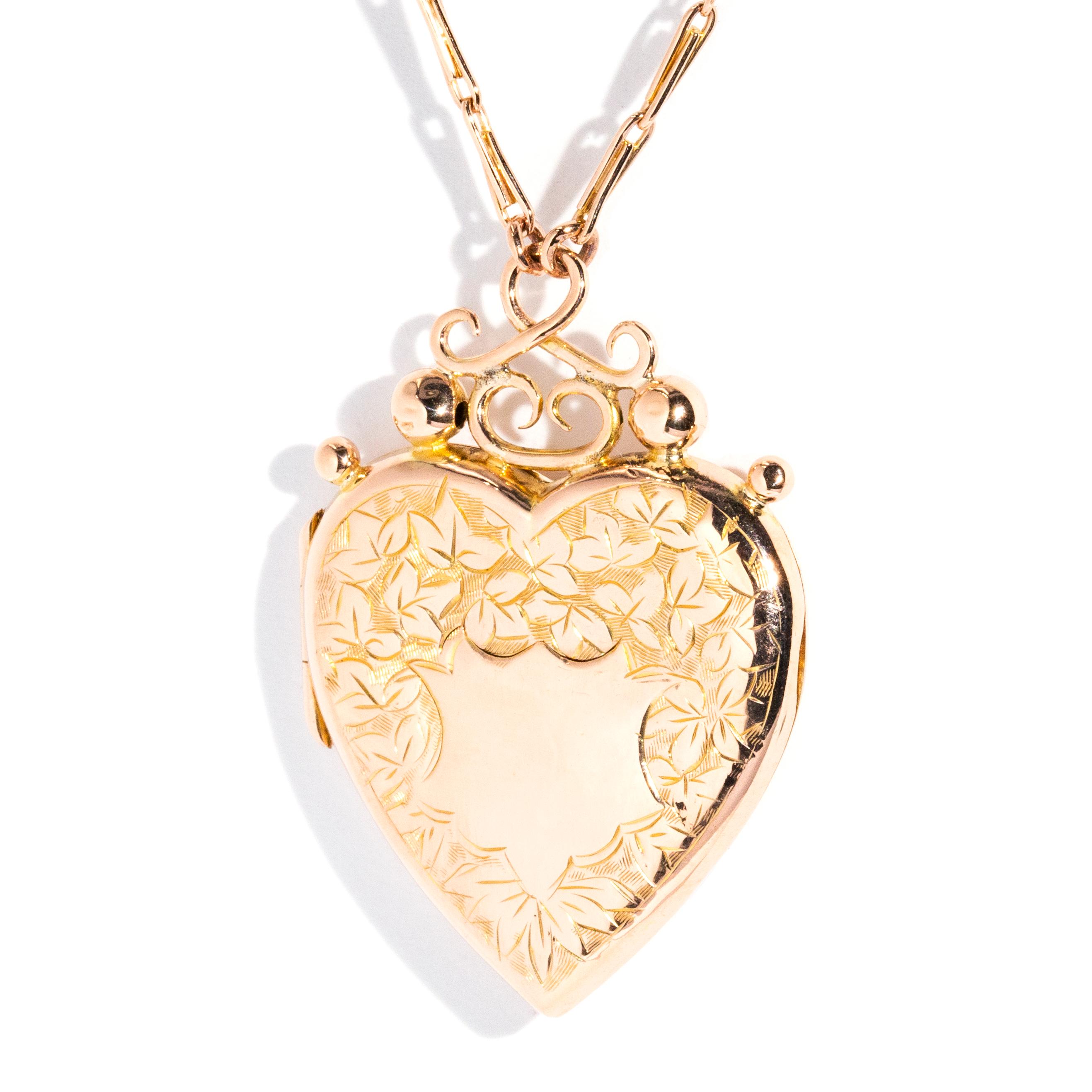 Modern Antique Edwardian Era Patterned & Hallmarked Heart Locket & Chain 9 Carat Gold