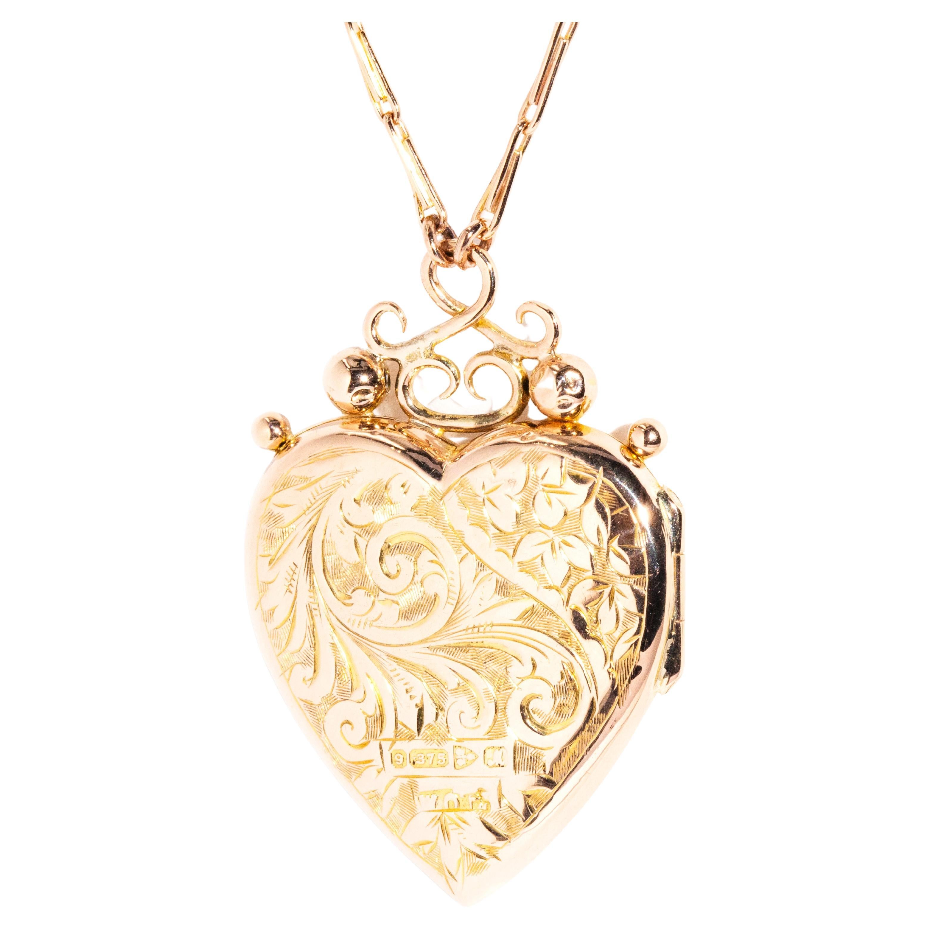 Antique Edwardian Era Patterned & Hallmarked Heart Locket & Chain 9 Carat Gold