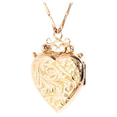 Vintage Edwardian Era Patterned & Hallmarked Heart Locket & Chain 9 Carat Gold