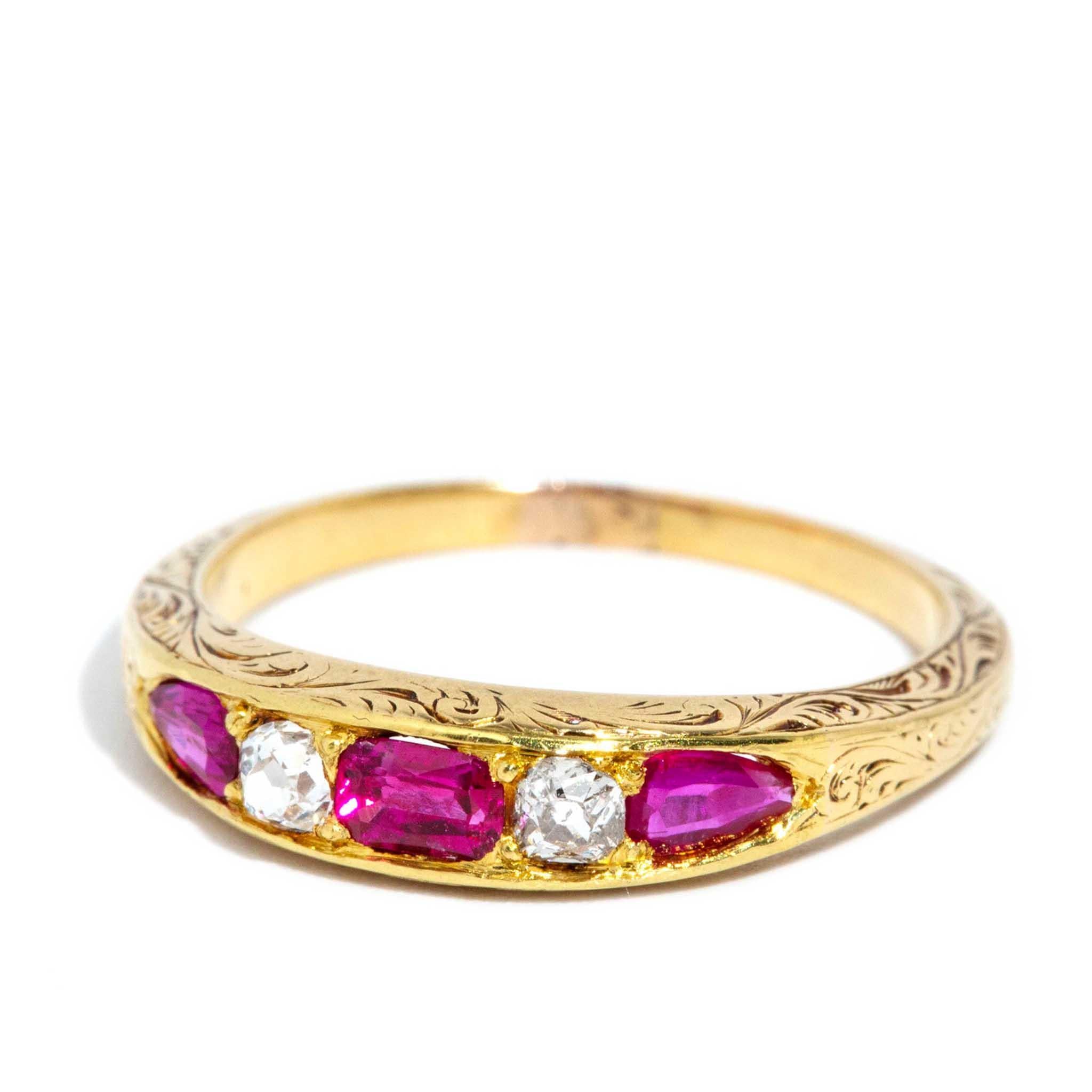 Oval Cut Antique Edwardian Era Pinkish Red Ruby & Diamond Ring 18 Carat Yellow Gold For Sale
