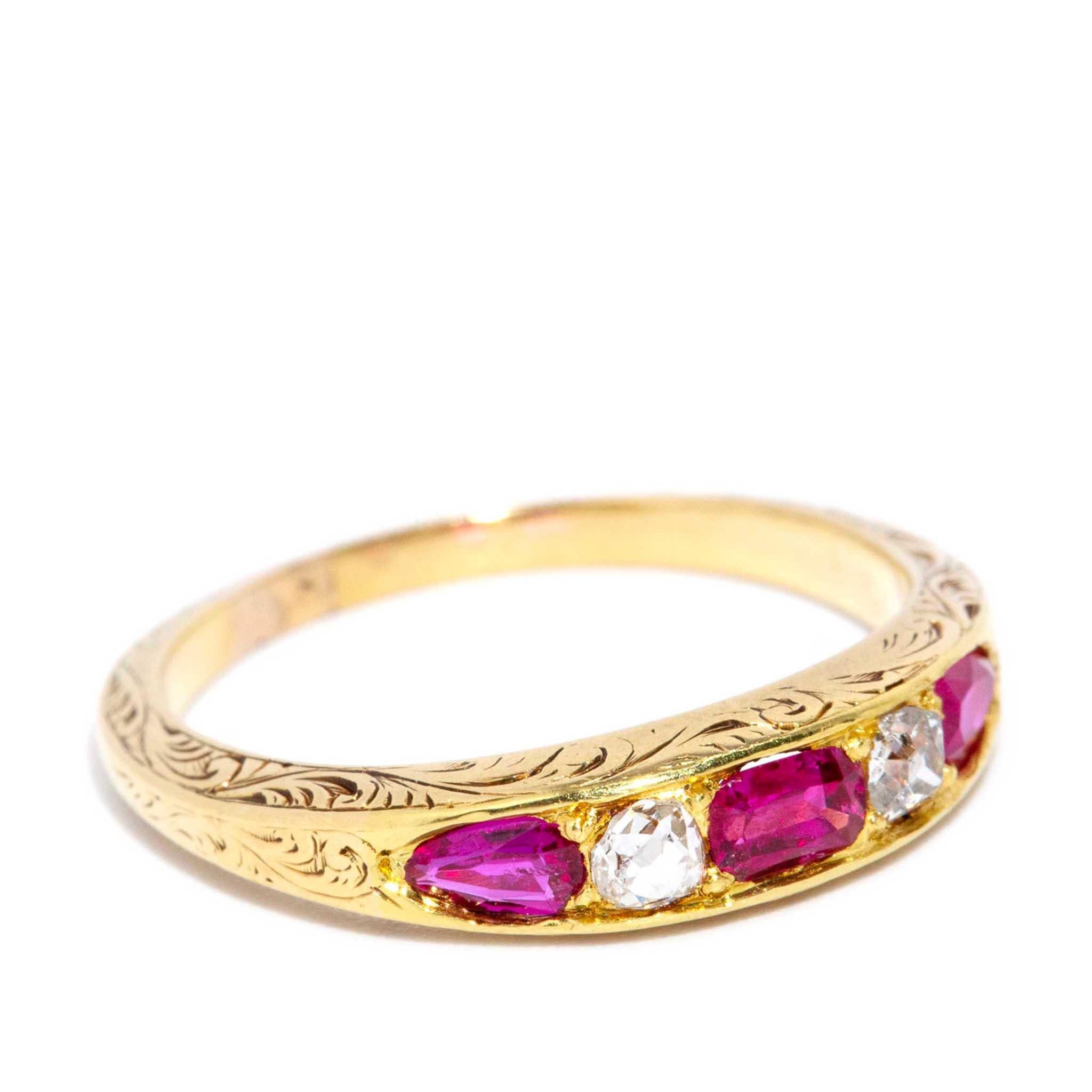 Women's Antique Edwardian Era Pinkish Red Ruby & Diamond Ring 18 Carat Yellow Gold For Sale
