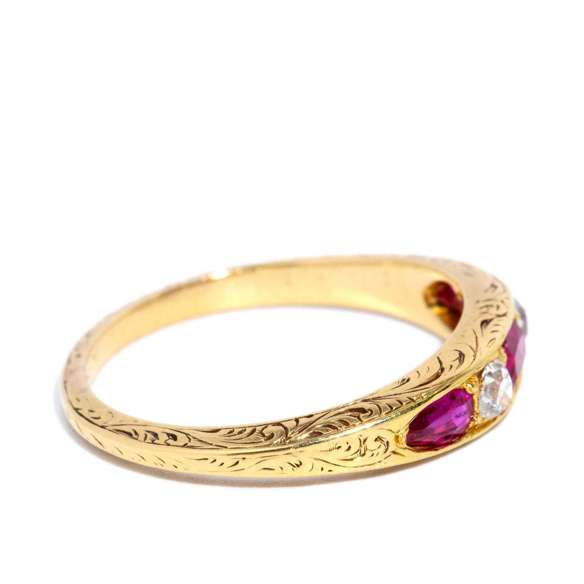 Antique Edwardian Era Pinkish Red Ruby & Diamond Ring 18 Carat Yellow Gold For Sale 2