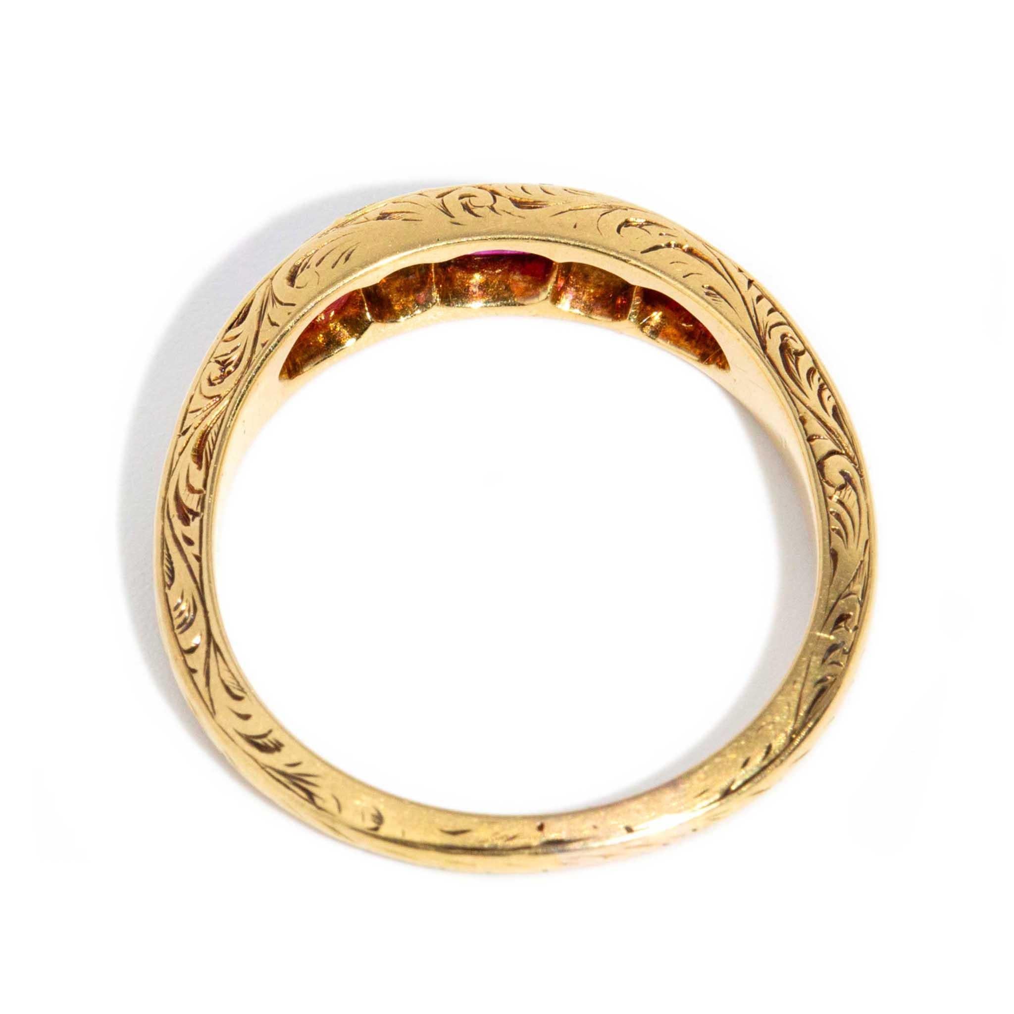 Antique Edwardian Era Pinkish Red Ruby & Diamond Ring 18 Carat Yellow Gold For Sale 4