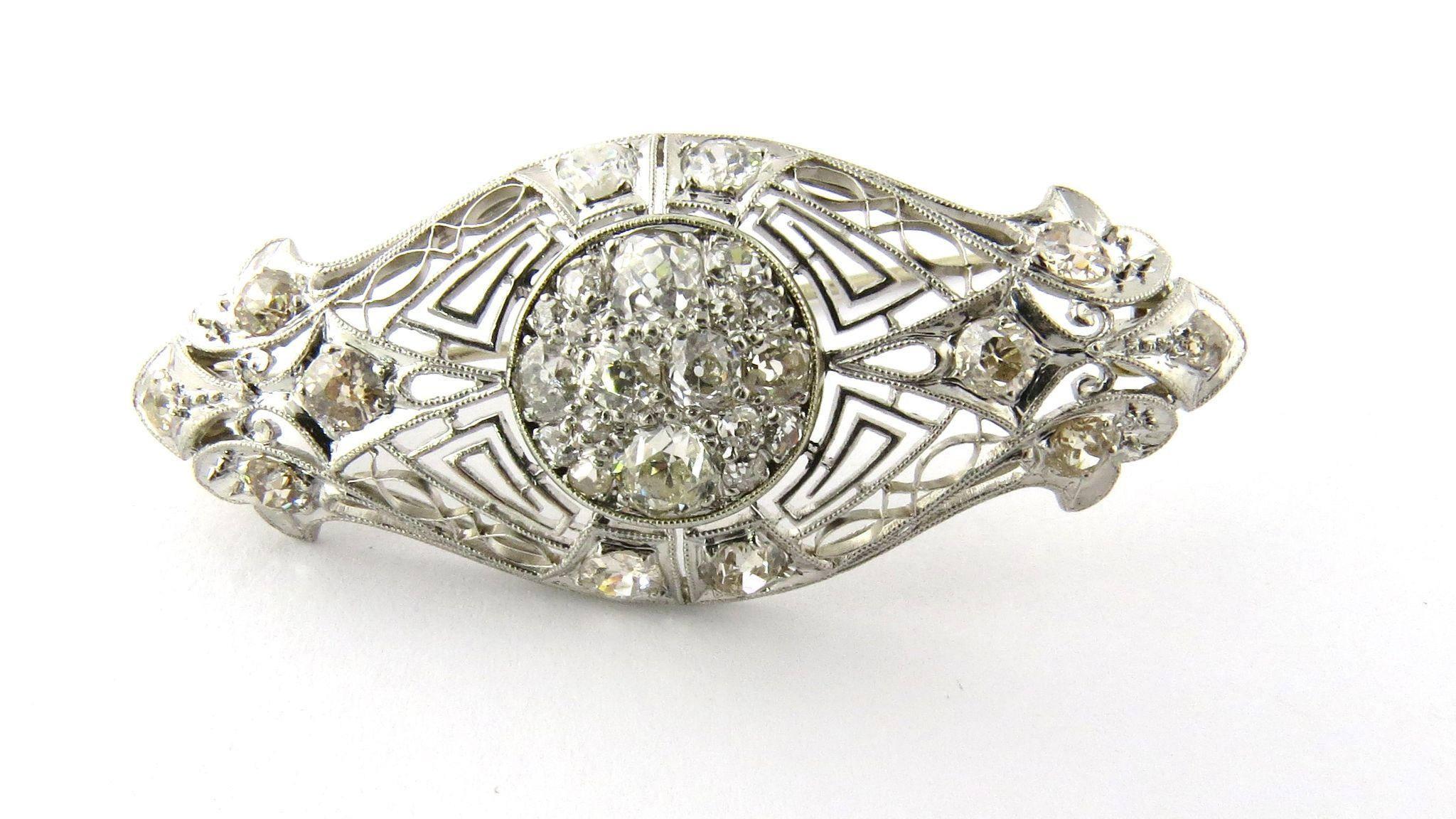 Round Cut Antique Edwardian Era Platinum and 14 Karat White Gold Diamond Brooch Pin