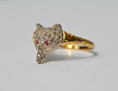 Antique Edwardian Era Diamond Ruby Fox 18 Karat Gold Ring