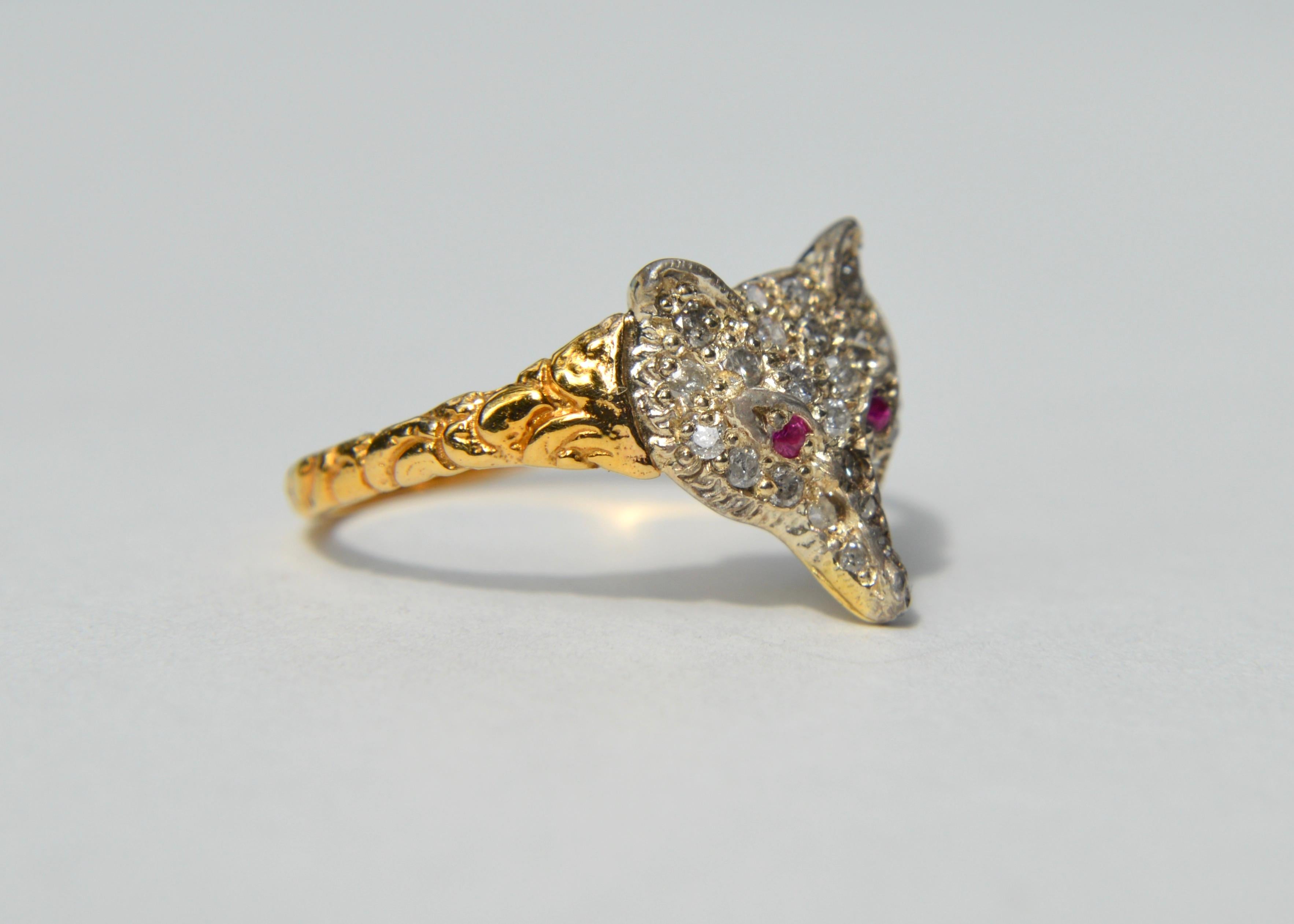 Rose Cut Antique Edwardian Era Diamond Ruby Fox 18 Karat Gold Ring For Sale